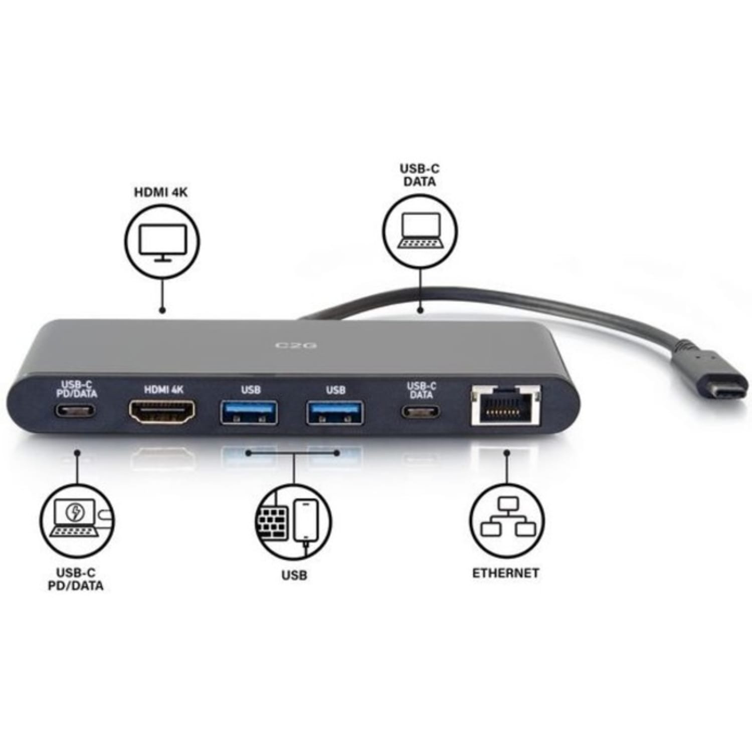 C2G USB-C 6-in-1 Dual Display Docking Station - 60W Power Supply, HDMI, Ethernet, USB, 3.5mm Audio and Power Delivery - 28845 - Image 6