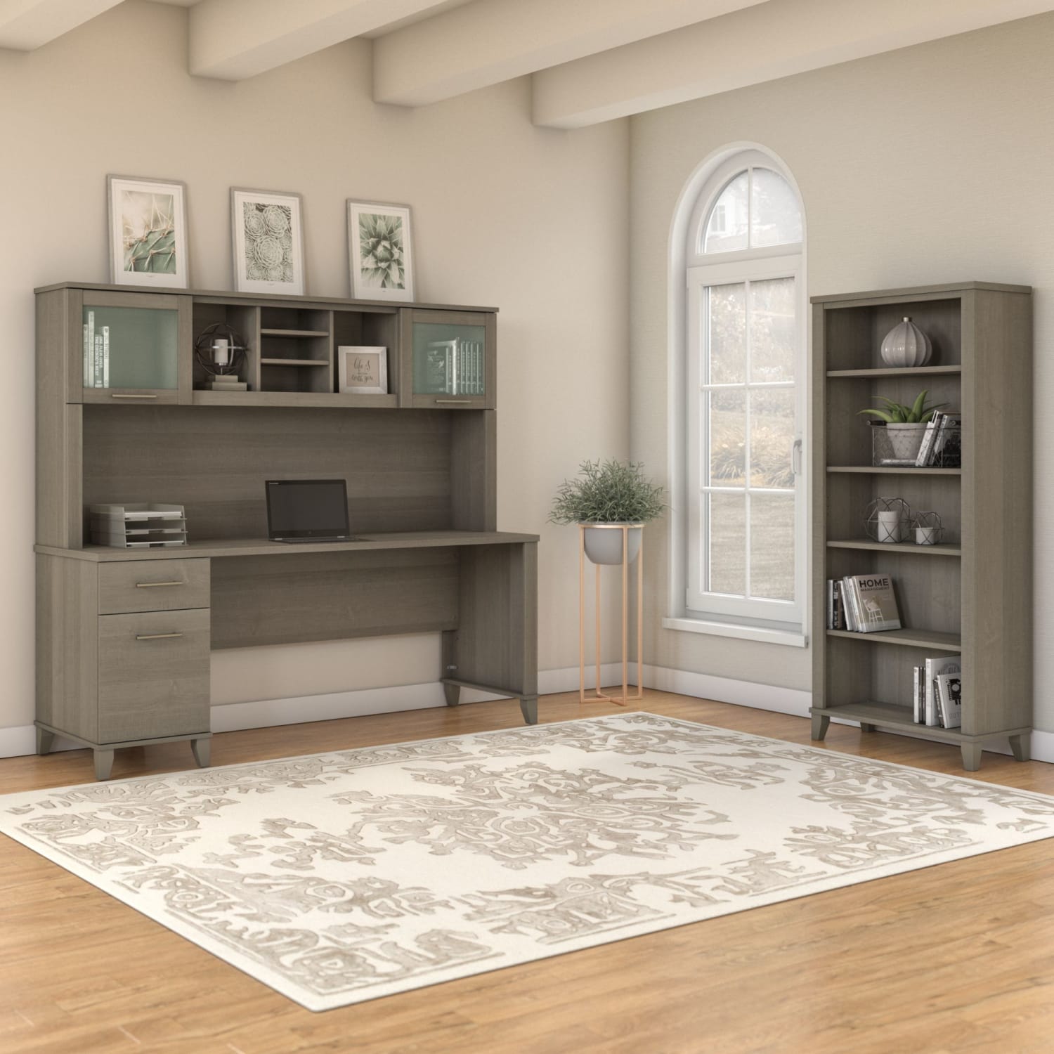 Bush Furniture Somerset 72inW Office Desk With Hutch And 5 Shelf Bookcase, Ash Gray, Standard Delivery - Image 3