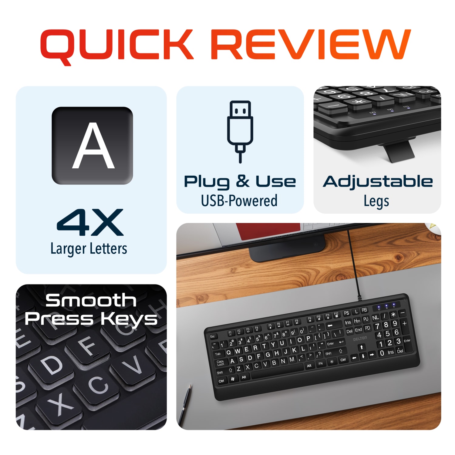 Delton KB20 Large Print Big Key Backlit Wired Keyboard, Black - Image 5