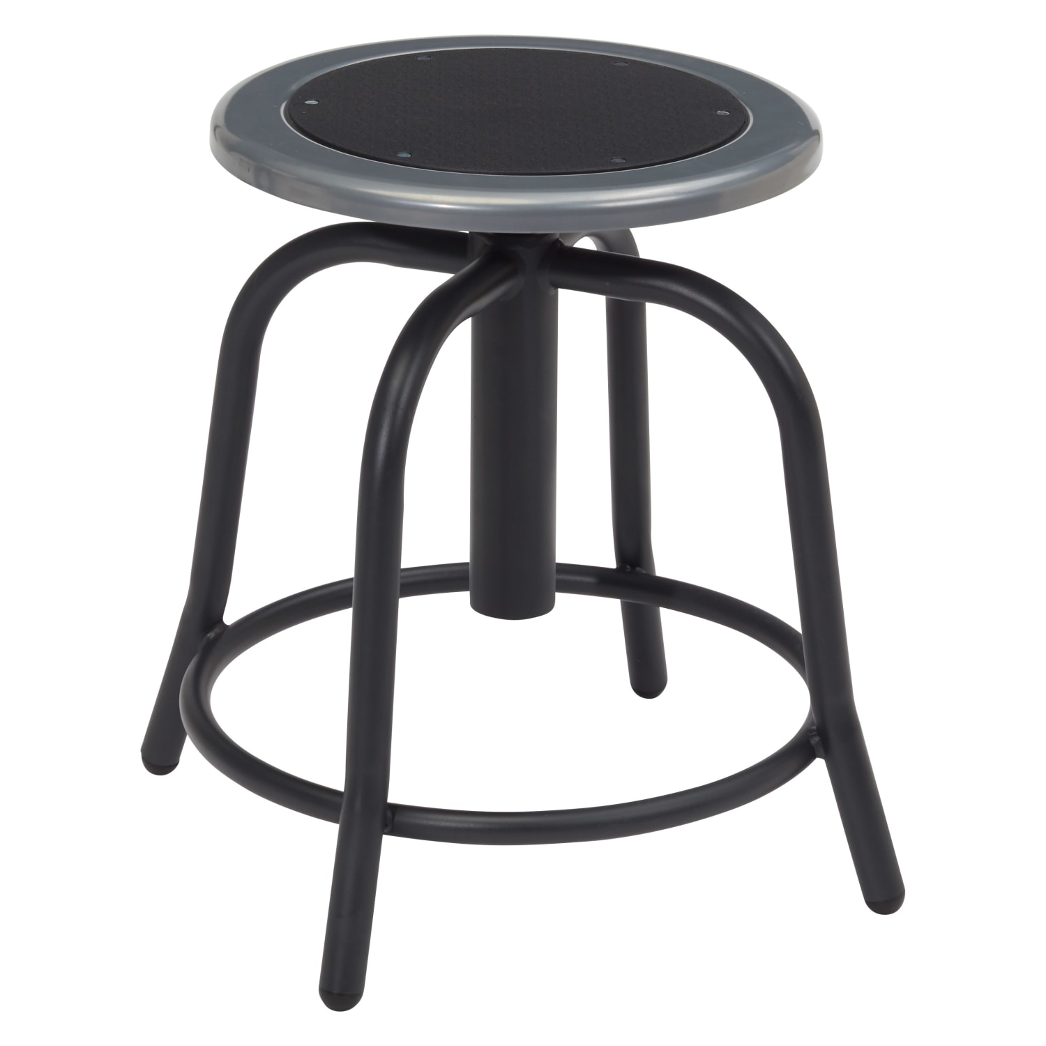 National Public Seating 18in - 24in Height Adjustable Swivel Stool, Black Steel Seat, Black Frame