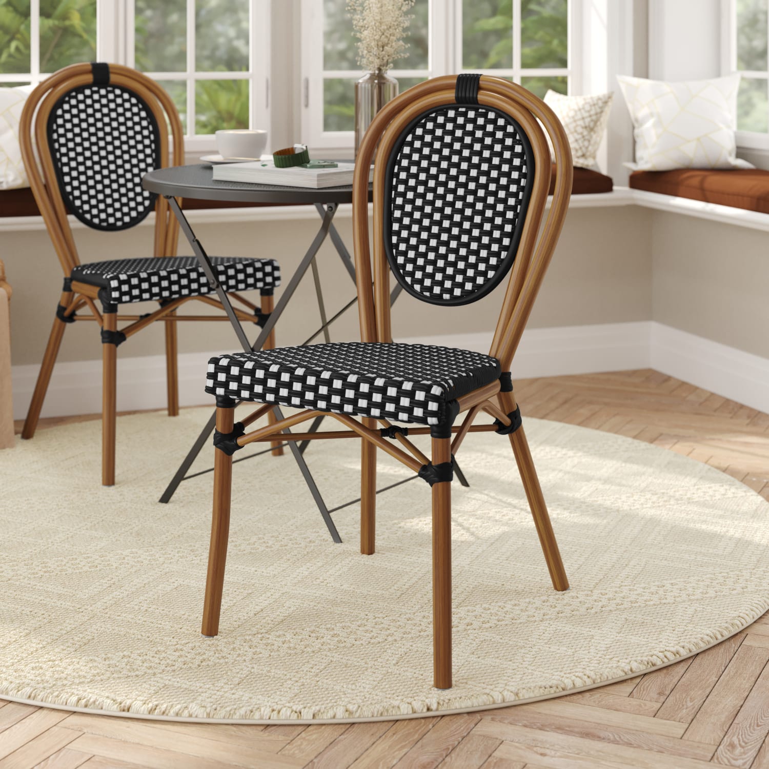 Flash Furniture Lourdes Indoor/Outdoor Commercial Thonet Bistro Stacking Chair, PE Rattan and Aluminum Frame, Black & White/Natural Frame - Image 3