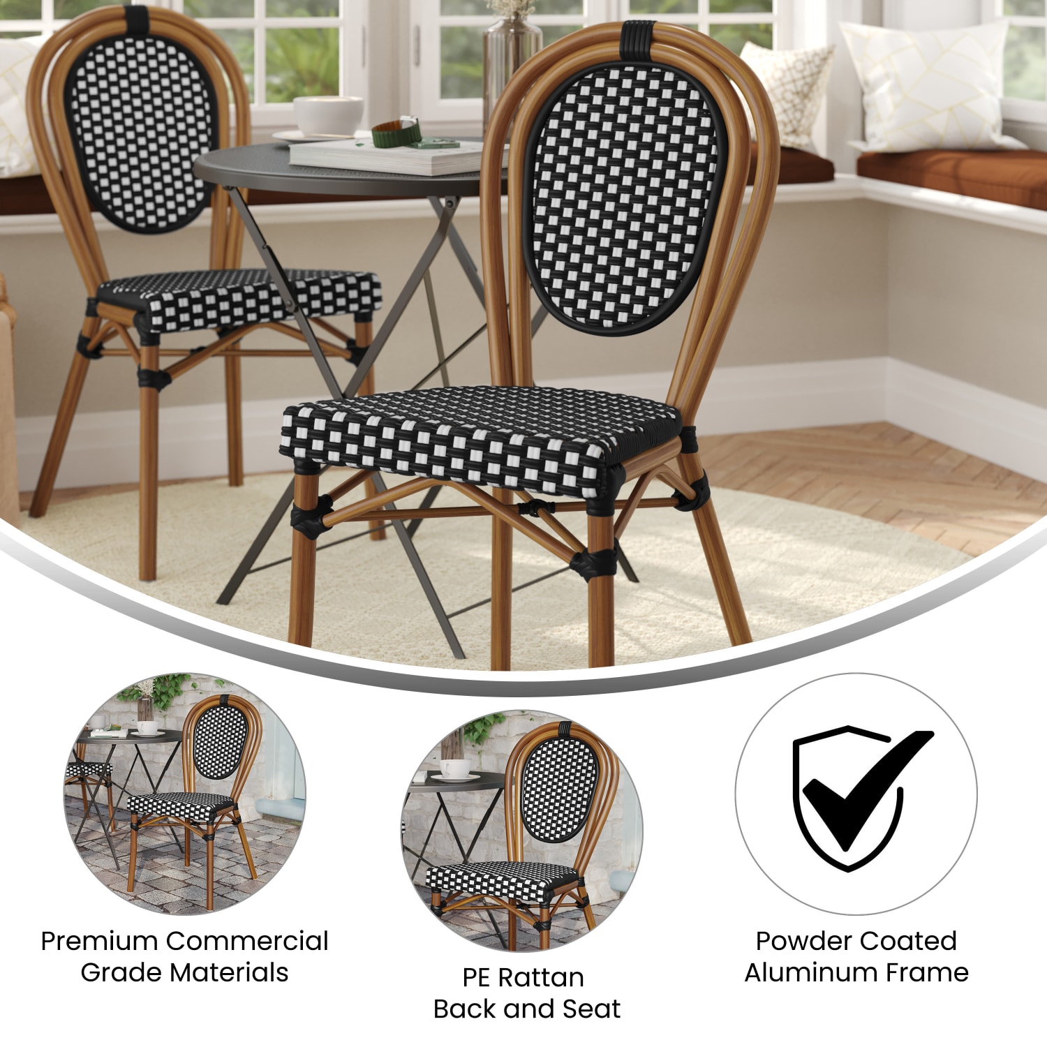 Flash Furniture Lourdes Indoor/Outdoor Commercial Thonet Bistro Stacking Chair, PE Rattan and Aluminum Frame, Black & White/Natural Frame - Image 4