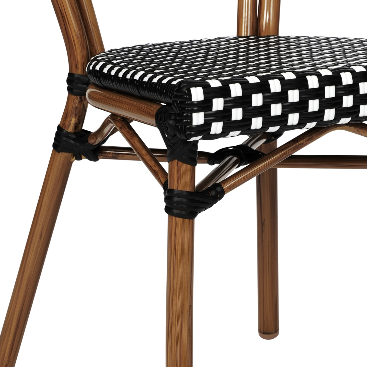 Flash Furniture Lourdes IndoorOutdoor Commercial Thonet Bistro Stacking Chair PE Rattan and Aluminum Frame Black  WhiteNatural Frame PopularChairscom