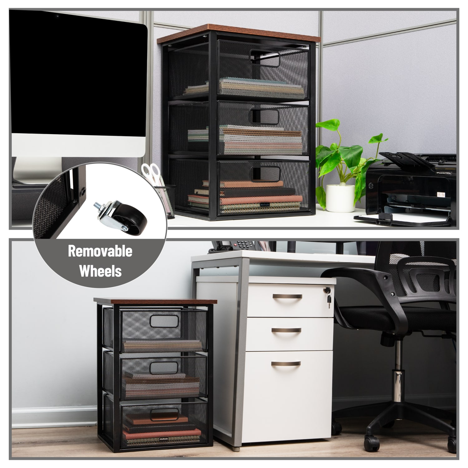 Mind Reader 3-Drawer Rolling Storage Cart Multipurpose Portable Cabinet with Wheels, 24-1/4in H x 13in W x 15-3/4in D, Black - Image 5