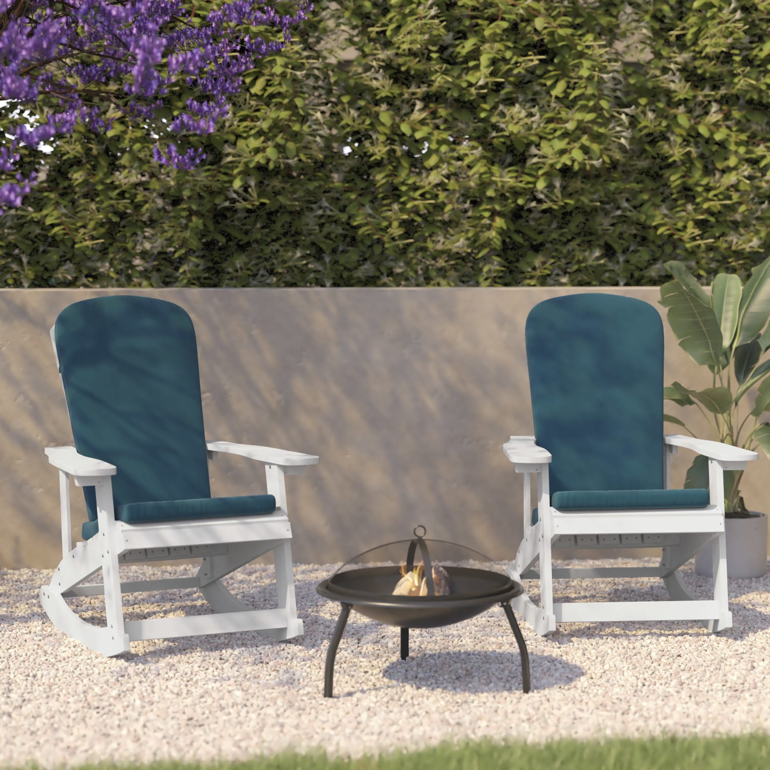 Flash Furniture Savannah All-Weather Adirondack Rocking Chairs with Cushions, Teal/White, Set Of 2 Chairs