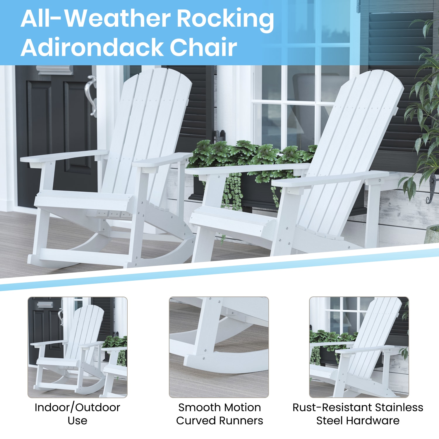 Flash Furniture Savannah All-Weather Adirondack Rocking Chairs with Cushions, Teal/White, Set Of 2 Chairs - Image 6