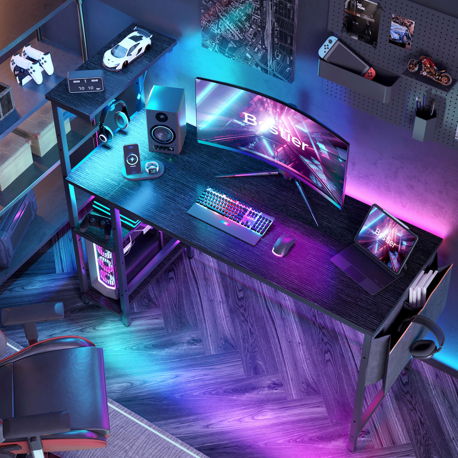Bestier RGB Gaming Desk With Storage Shelf & Side Pocket, 52inW, Black Grained - Image 3