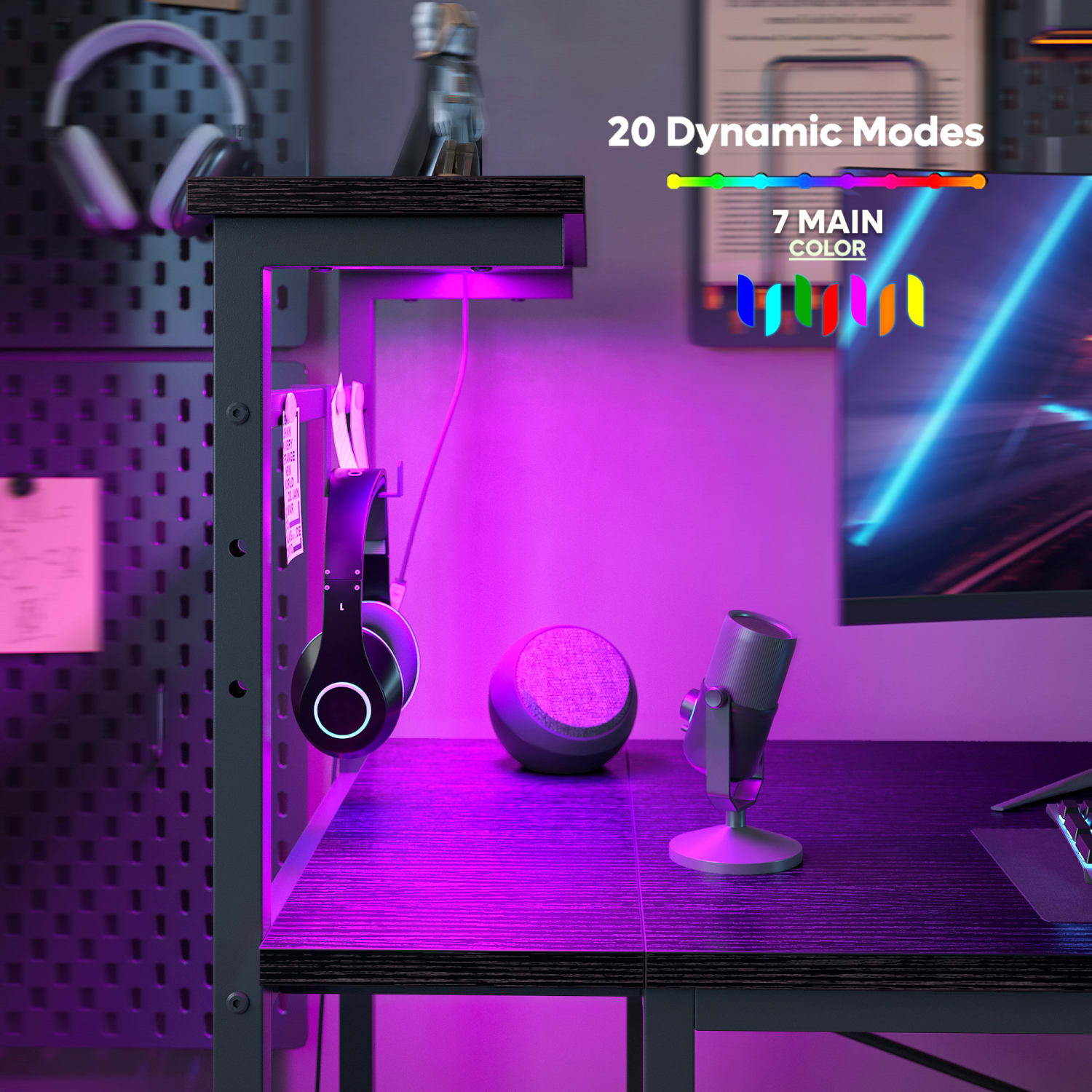 Bestier RGB Gaming Desk With Storage Shelf & Side Pocket, 52inW, Black Grained - Image 5