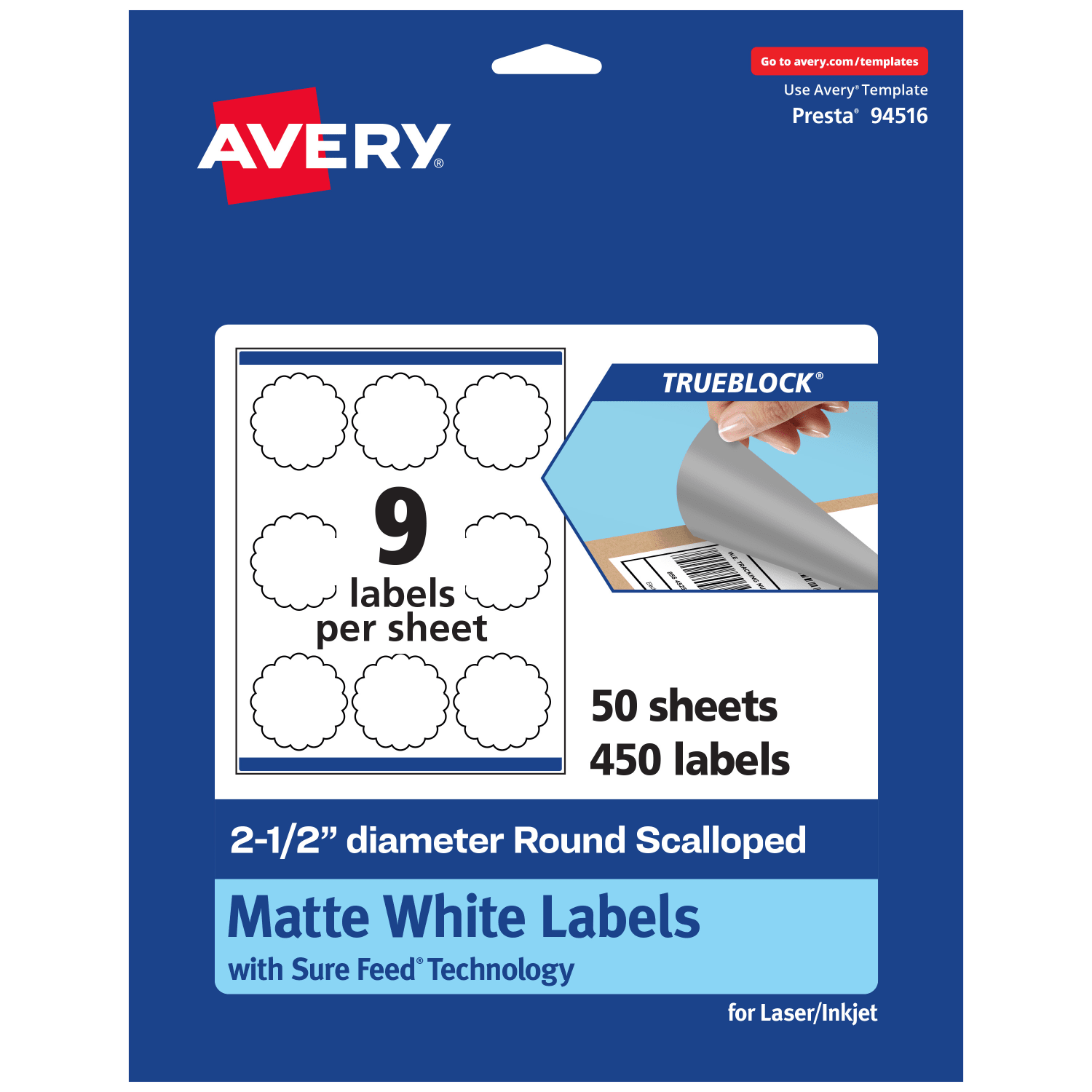 Avery Print-To-The-Edge TrueBlock Labels With Sure Feed, 94516-TWMP50, Round Scalloped, 2-1/2in, Matte White, Pack Of 450