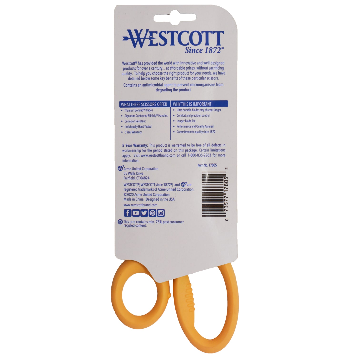 Westcott Hard Handle Scissors With Antimicrobial Protection, 8in, Pointed, Yellow/Gray - Image 5