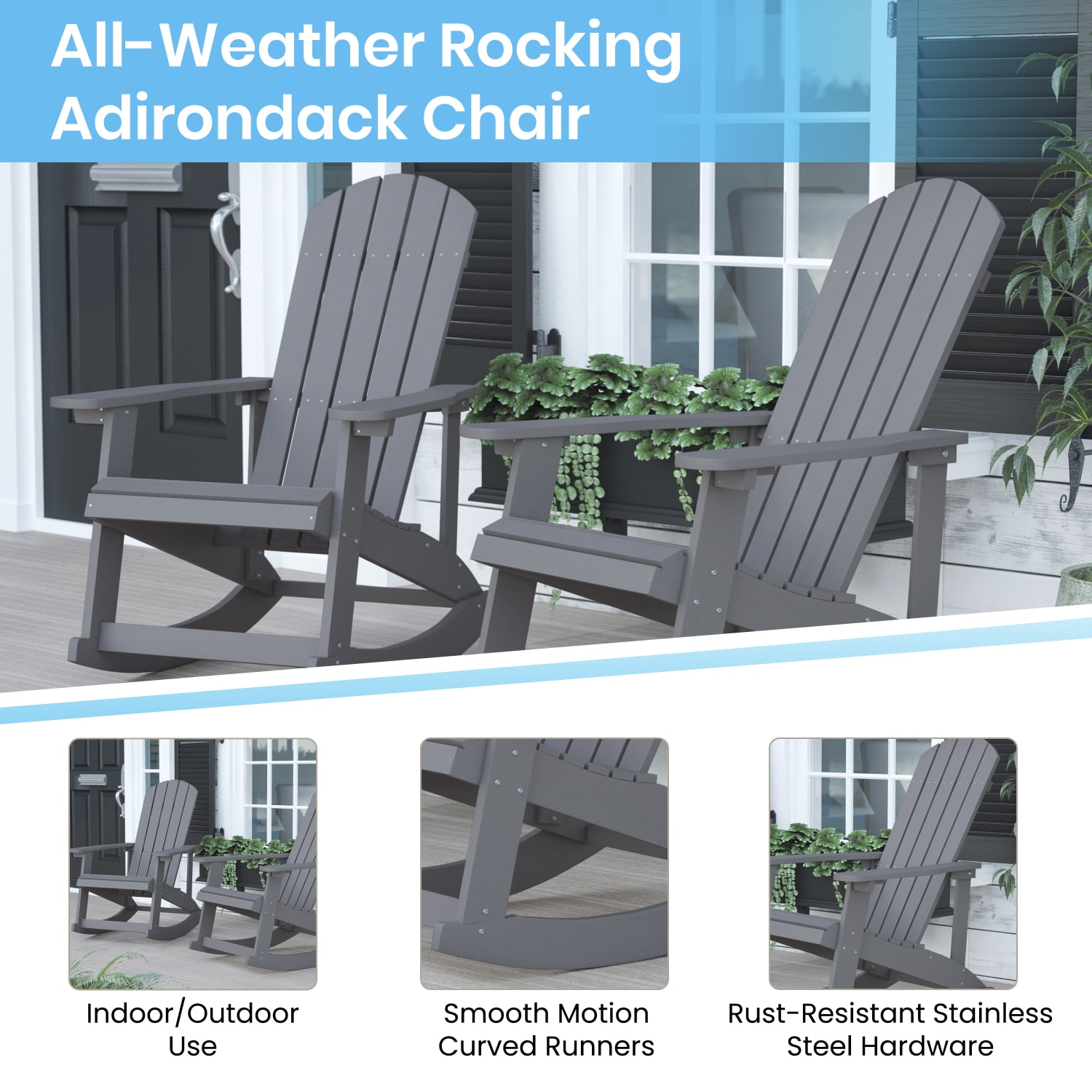 Flash Furniture Savannah All-Weather Adirondack Rocking Chairs with Cushions, Gray/Gray, Set Of 2 Chairs - Image 6