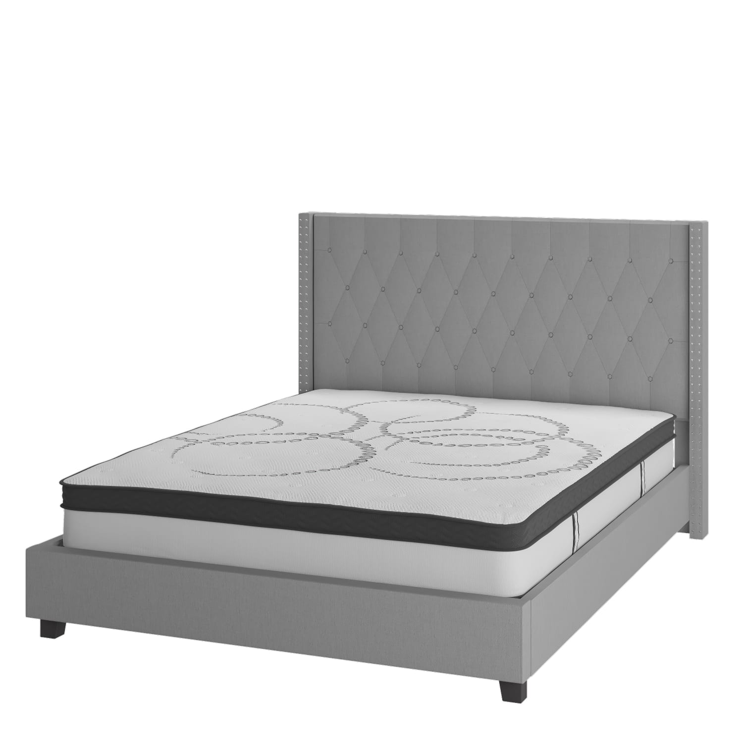 Flash Furniture Riverdale Tufted Upholstered Platform Bed With 10in CertiPUR-US Certified Foam And Pocket Spring Mattress, King, Light Gray - Image 3