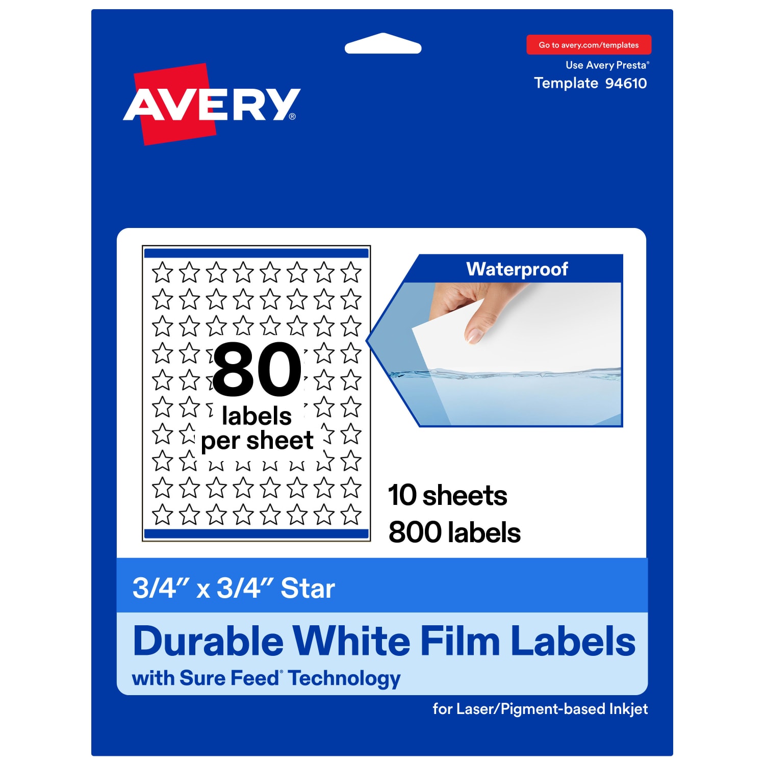 Avery Waterproof Permanent Labels With Sure Feed, 94610-WMF10, Star, 3/4in x 3/4in, White, Pack Of 800