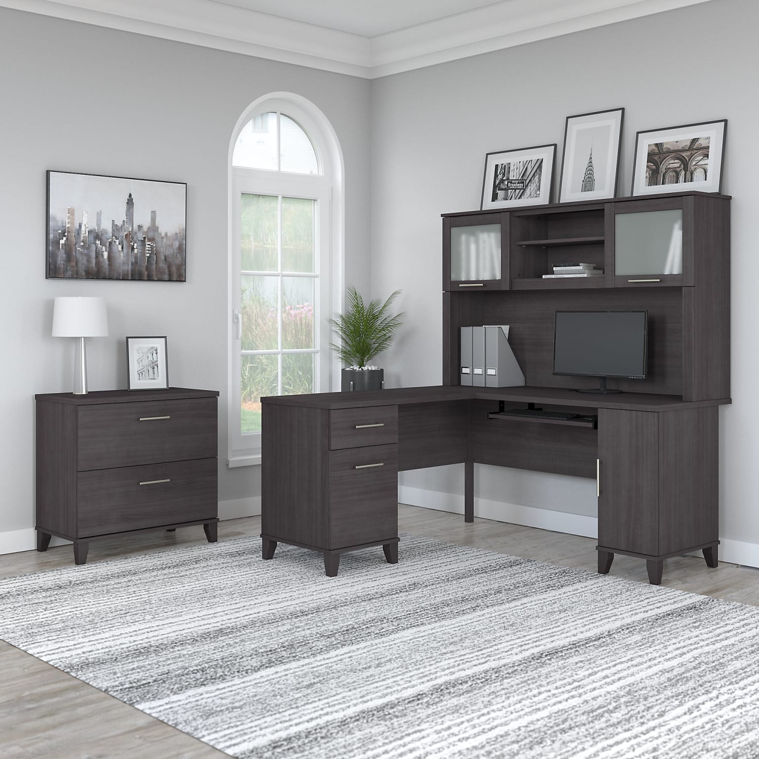 Bush Business Furniture Somerset 60inW L-Shaped Corner Desk With Hutch And Lateral File Cabinet, Storm Gray, Standard Delivery - Image 3