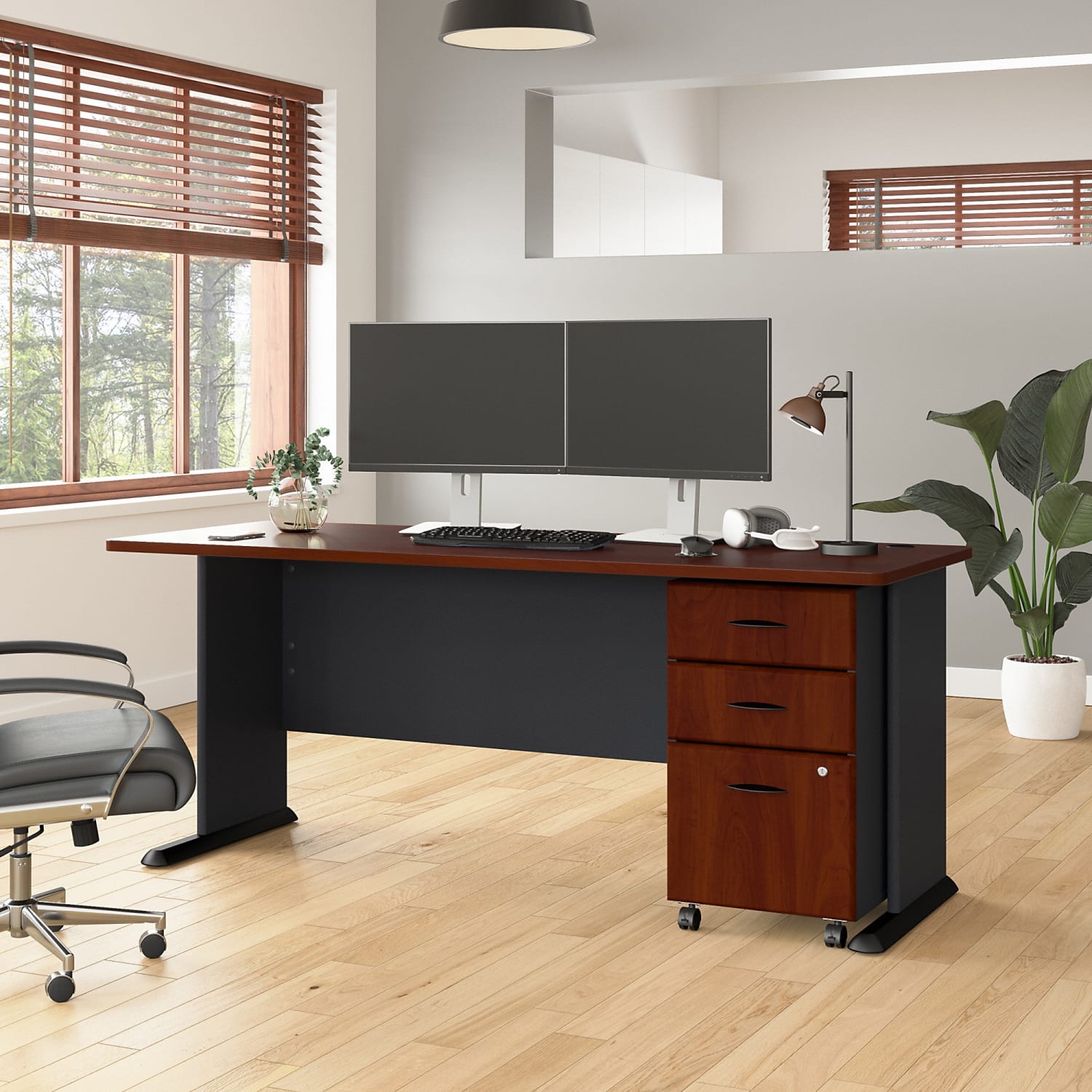 Bush Business Furniture Office Advantage 72inW Computer Desk With Mobile File Cabinet, Hansen Cherry/Galaxy, Standard Delivery - Image 3