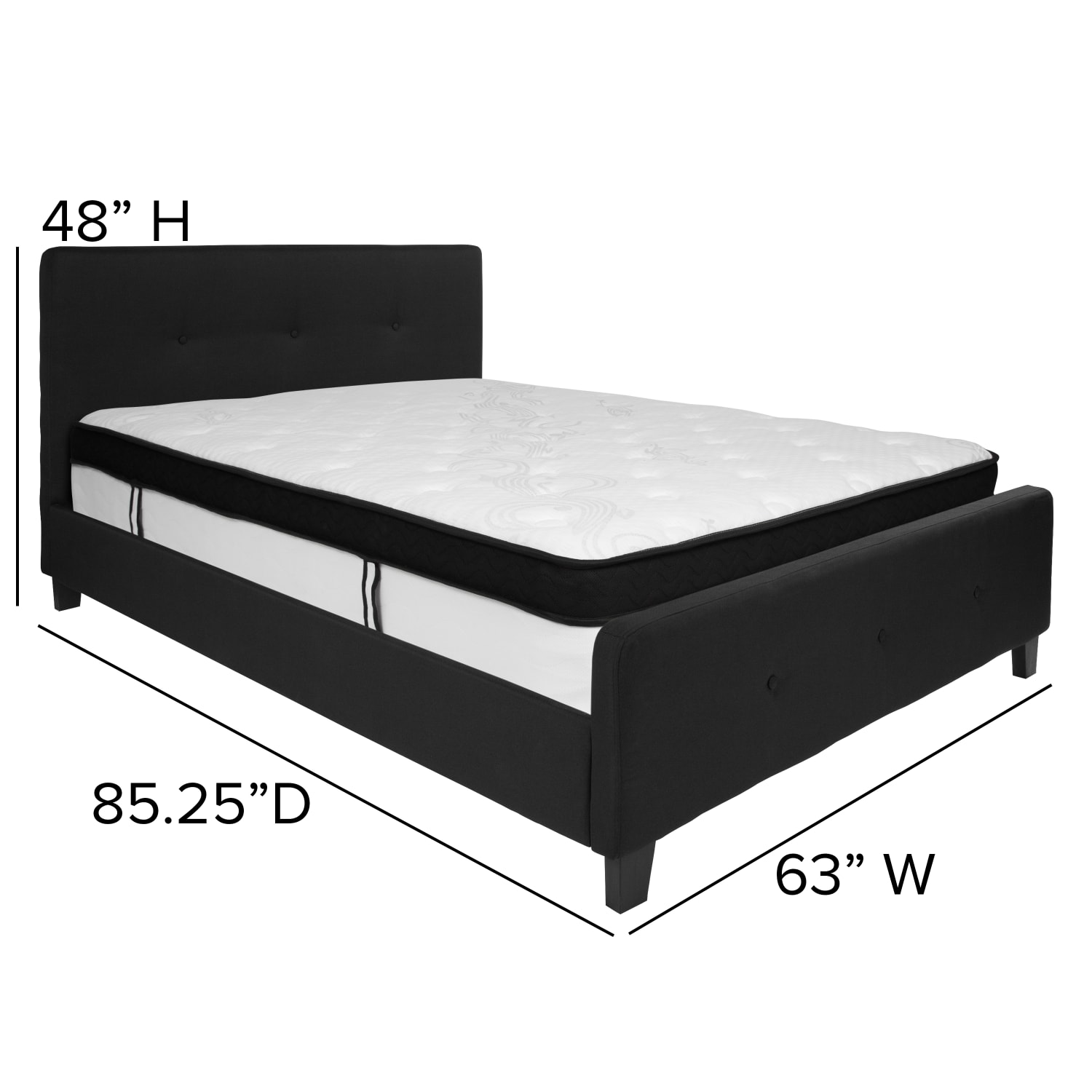Flash Furniture Tribeca Button Tufted Upholstered Platform Bed with Memory Foam Pocket Spring Mattress, Queen, 48inH x 63inW x 85-1/4inL, Black - Image 5