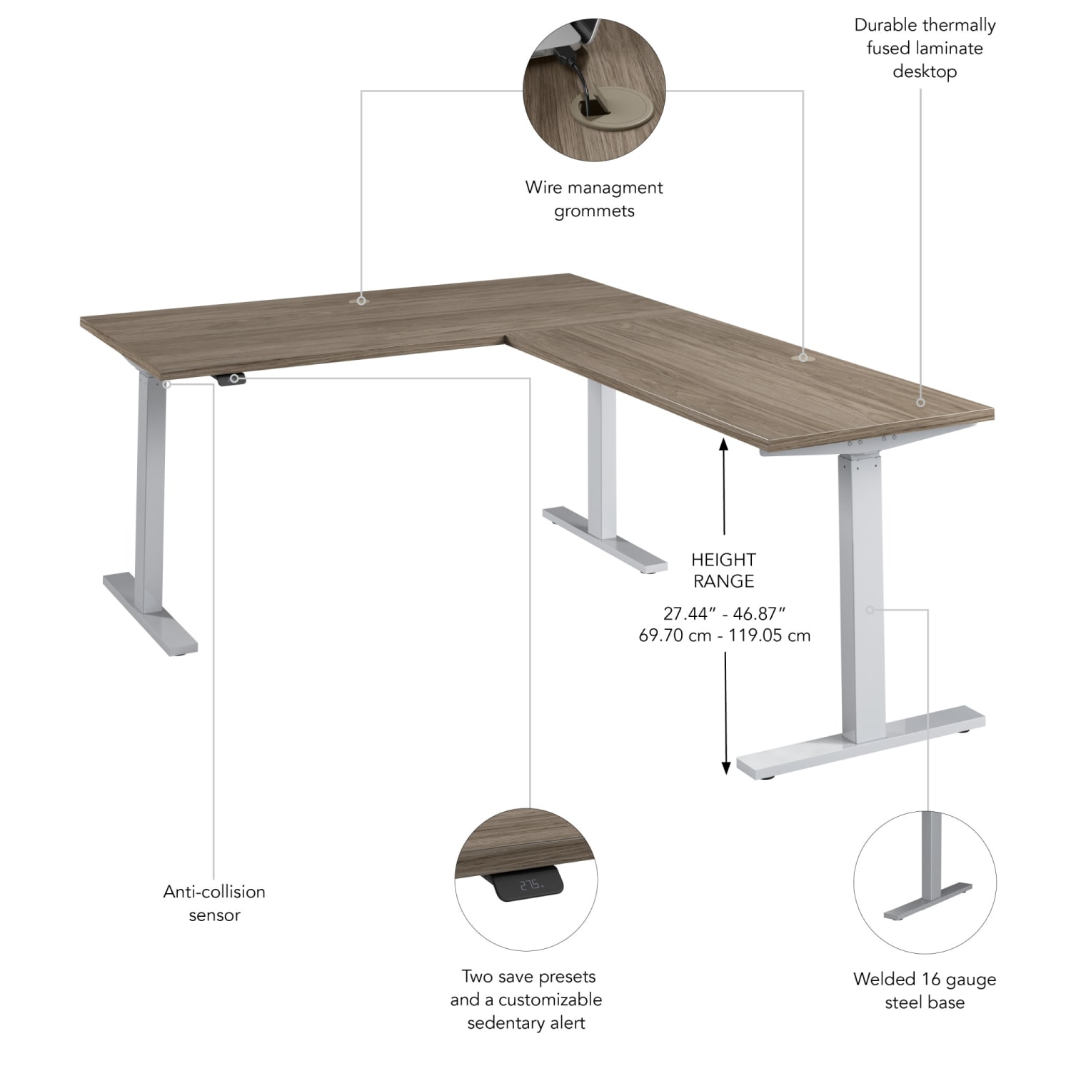 Bush Business Furniture Move 60 Series 60inW Height Adjustable L Shaped Standing Desk, Modern Hickory/Cool Gray Metallic, Standard Delivery - Image 4