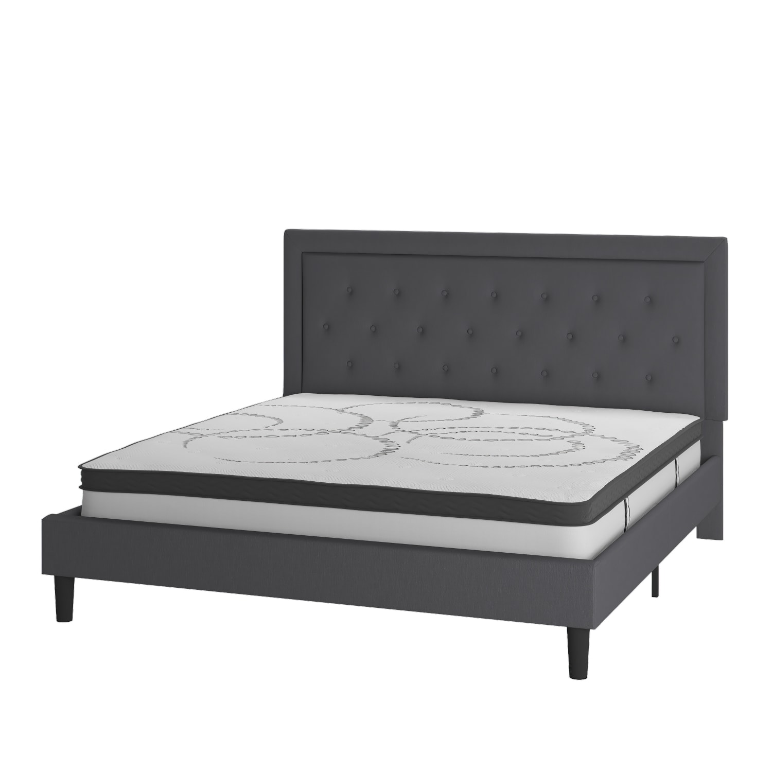 Flash Furniture Roxbury Tufted Upholstered Platform Bed with 10in CertiPUR-US Certified Foam and Pocket Spring Mattress, King, 50-3/4inH x 81inW x 85-1/4inL, Dark Gray - Image 3
