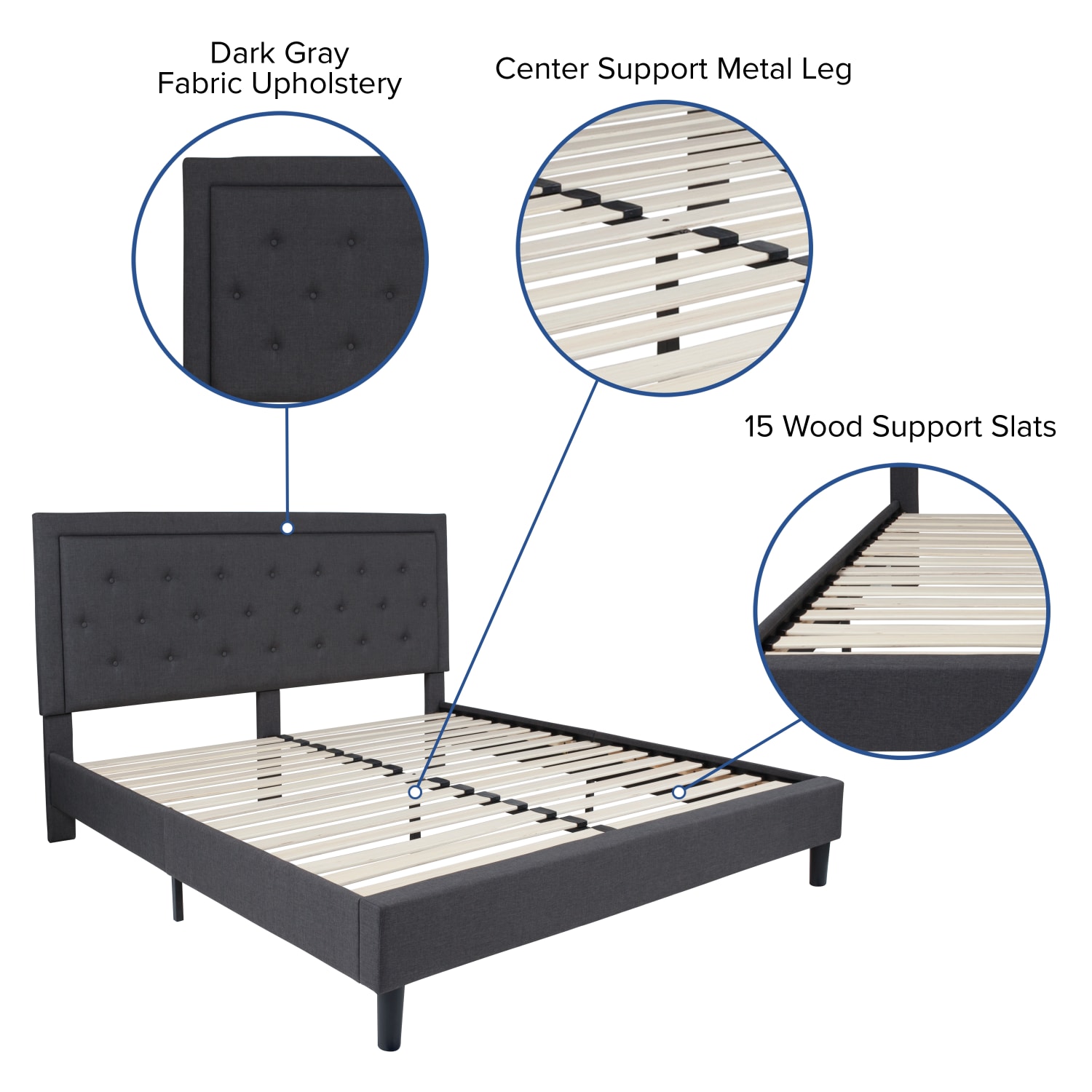 Flash Furniture Roxbury Tufted Upholstered Platform Bed with 10in CertiPUR-US Certified Foam and Pocket Spring Mattress, King, 50-3/4inH x 81inW x 85-1/4inL, Dark Gray - Image 5