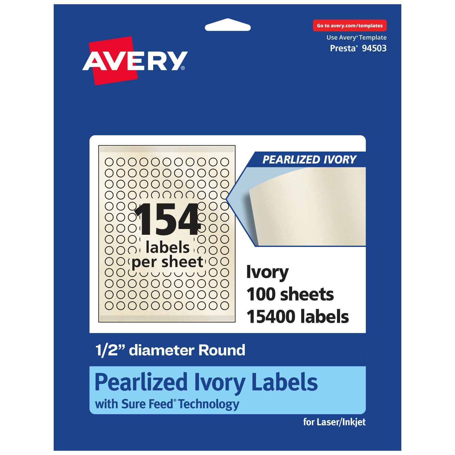 Avery Pearlized Permanent Labels With Sure Feed, 94503-PIP100, Round, 1/2in Diameter, Ivory, Pack Of 15,400 Labels