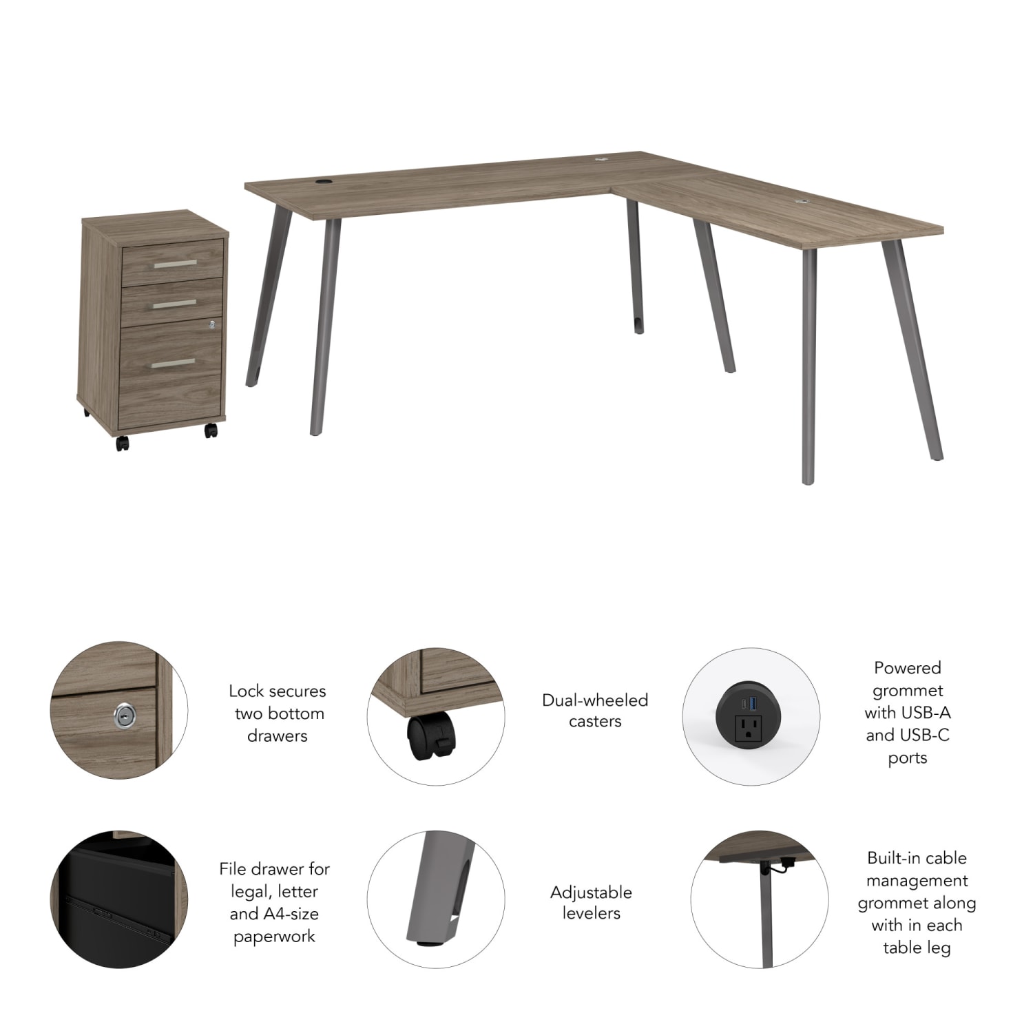 WorkPro Motiva 72inW Modern L Shaped Office Desk With Rolling File Cabinet, Modern Hickory, Standard Delivery - Image 4
