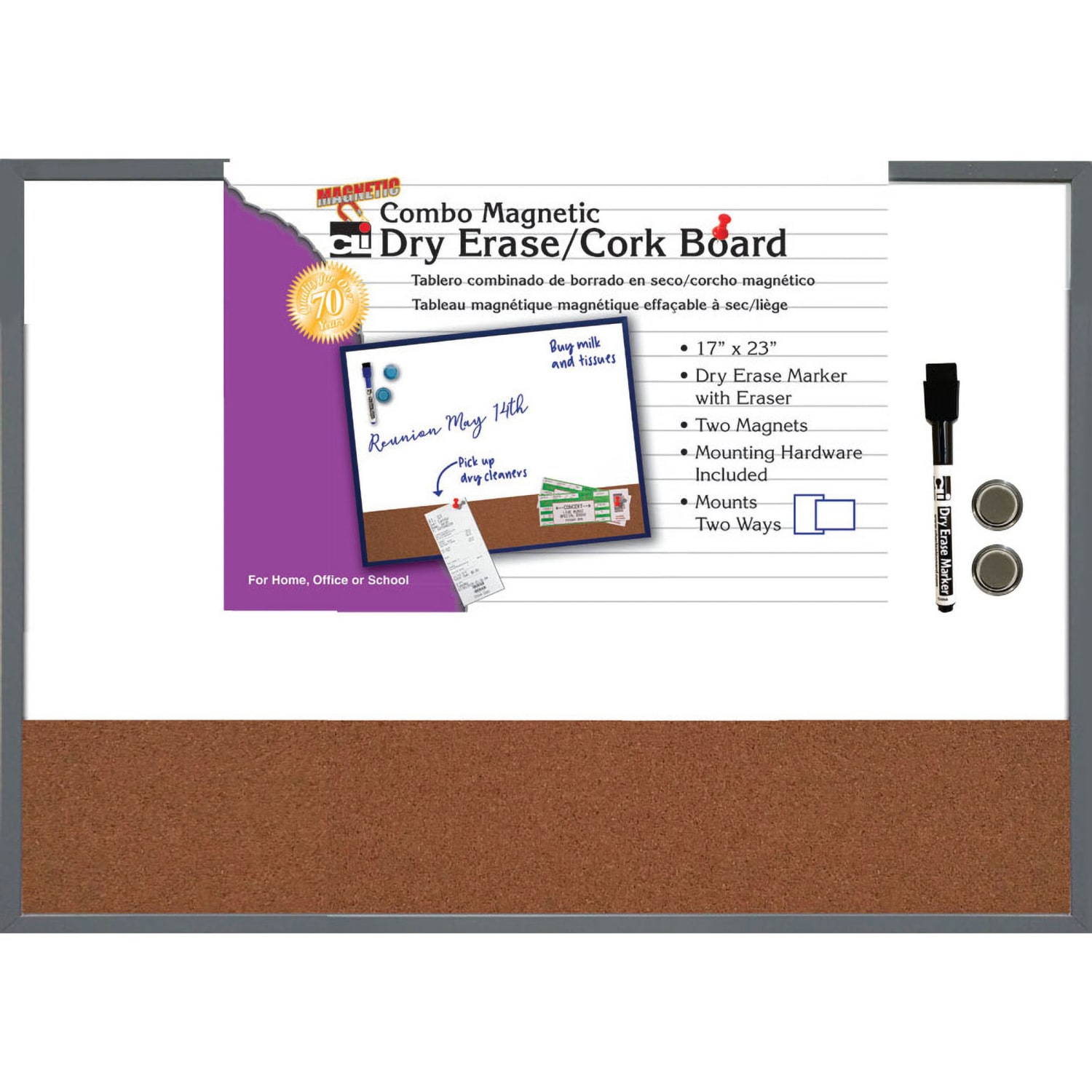 Charles Leonard Magnetic Dry-Erase Board With Cork Board, Plastic Board, 17in x 23in, White, Gray Plastic Frame