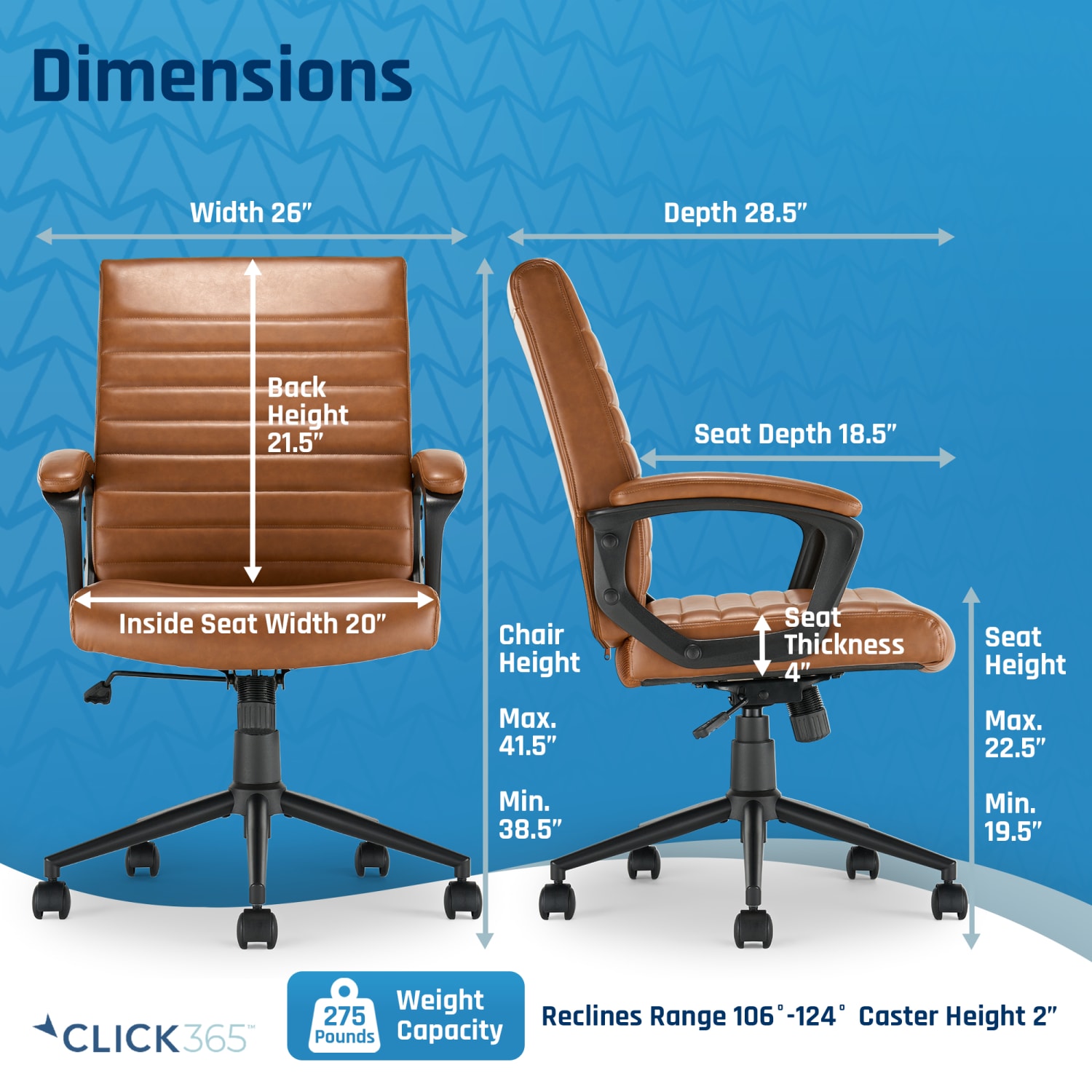 Click365 Transform 30 Ergonomic Vegan Leather Mid Back Managers Chair Cognac PopularChairscom