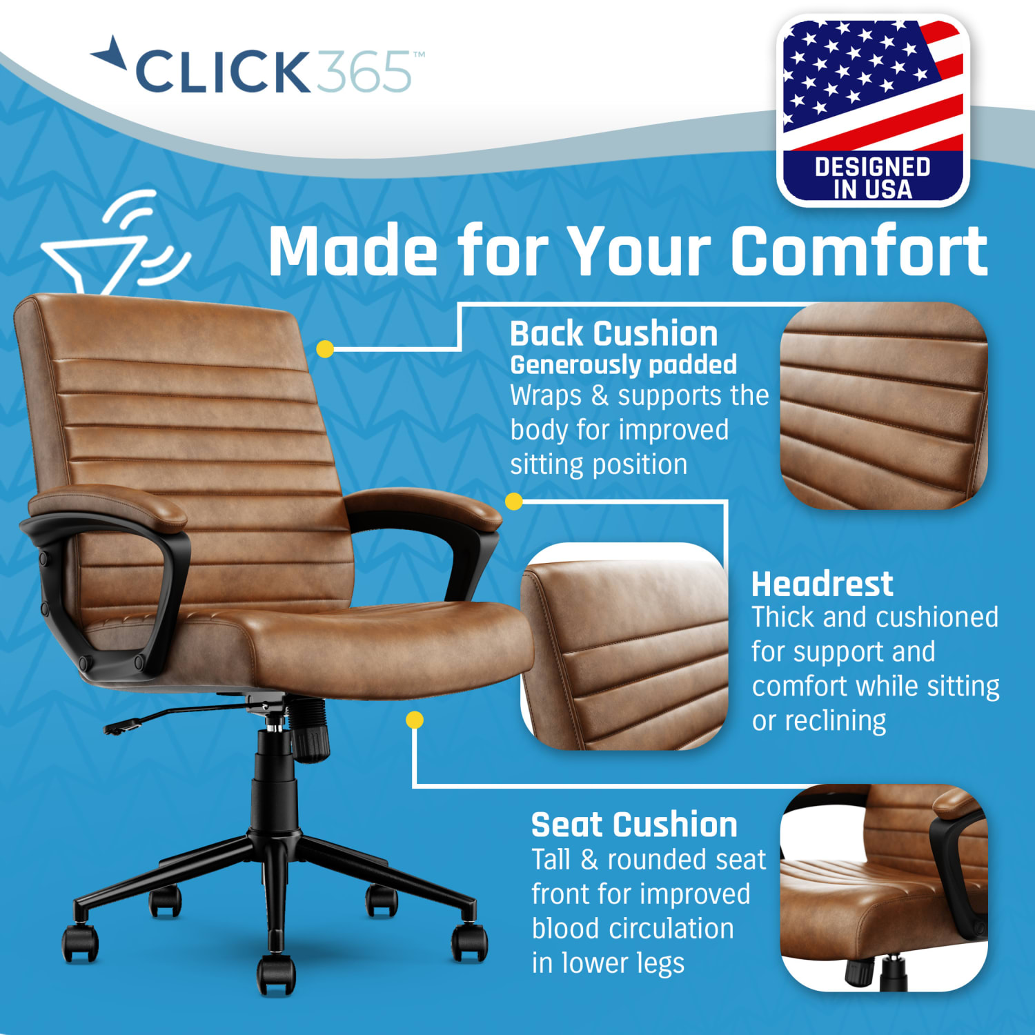 Click365 Transform 30 Ergonomic Vegan Leather Mid Back Managers Chair Cognac PopularChairscom