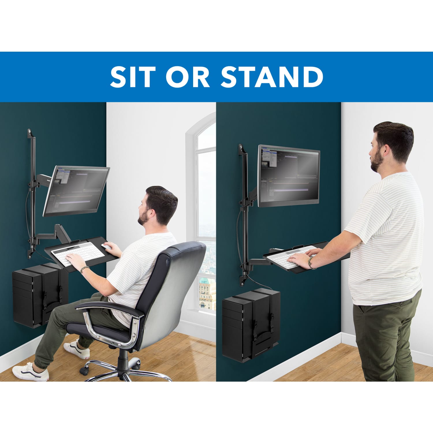 Mount-It! MI-7991 Wall-Mount Workstation With Monitor Mount, Keyboard Tray And CPU Holder, 37inH x 26W x 17inD, Black - Image 3