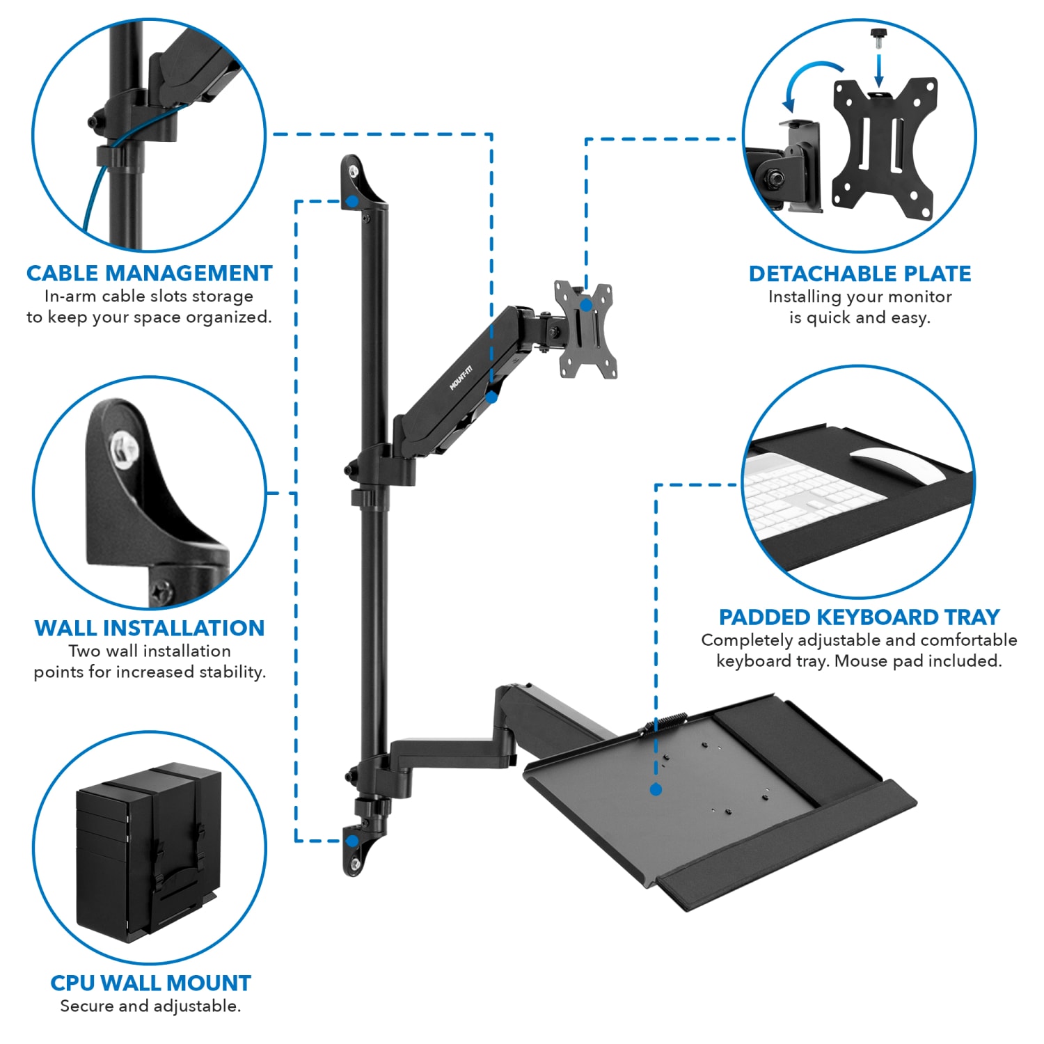 Mount-It! MI-7991 Wall-Mount Workstation With Monitor Mount, Keyboard Tray And CPU Holder, 37inH x 26W x 17inD, Black - Image 4