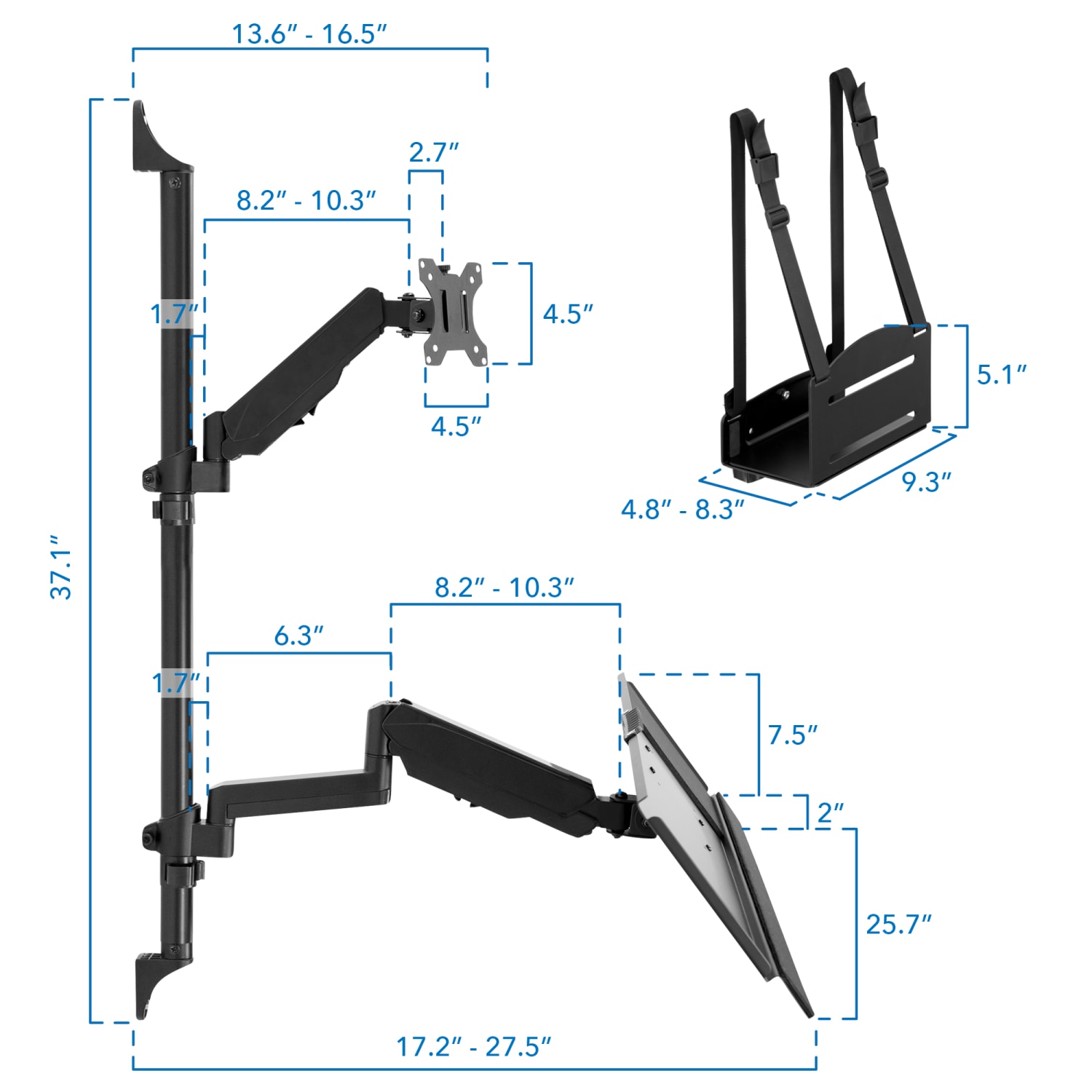 Mount-It! MI-7991 Wall-Mount Workstation With Monitor Mount, Keyboard Tray And CPU Holder, 37inH x 26W x 17inD, Black - Image 6