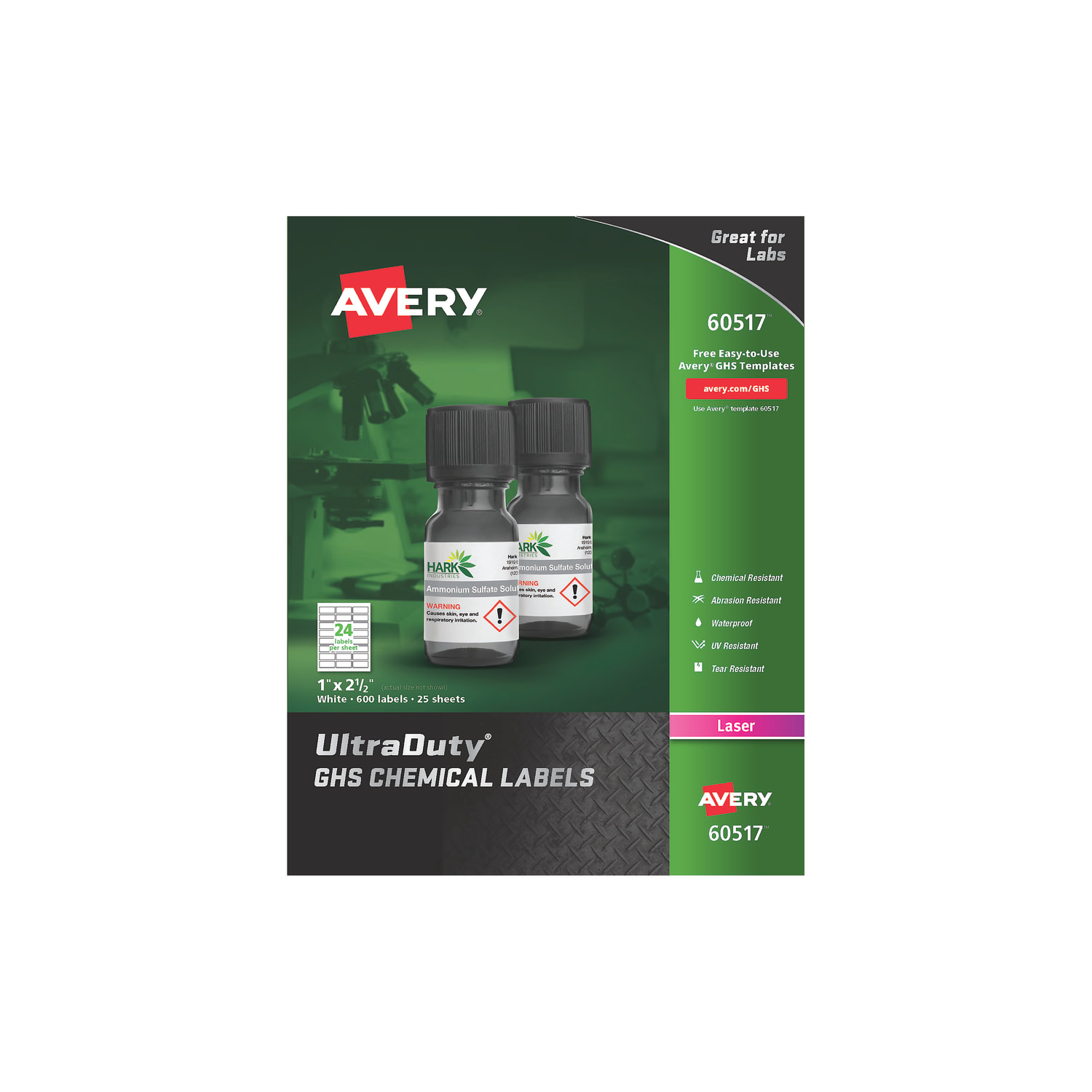 Avery UltraDuty GHS Chemical Labels, 60517, For Laser Printers, 1in x 2 1/2in, White, Pack Of 600