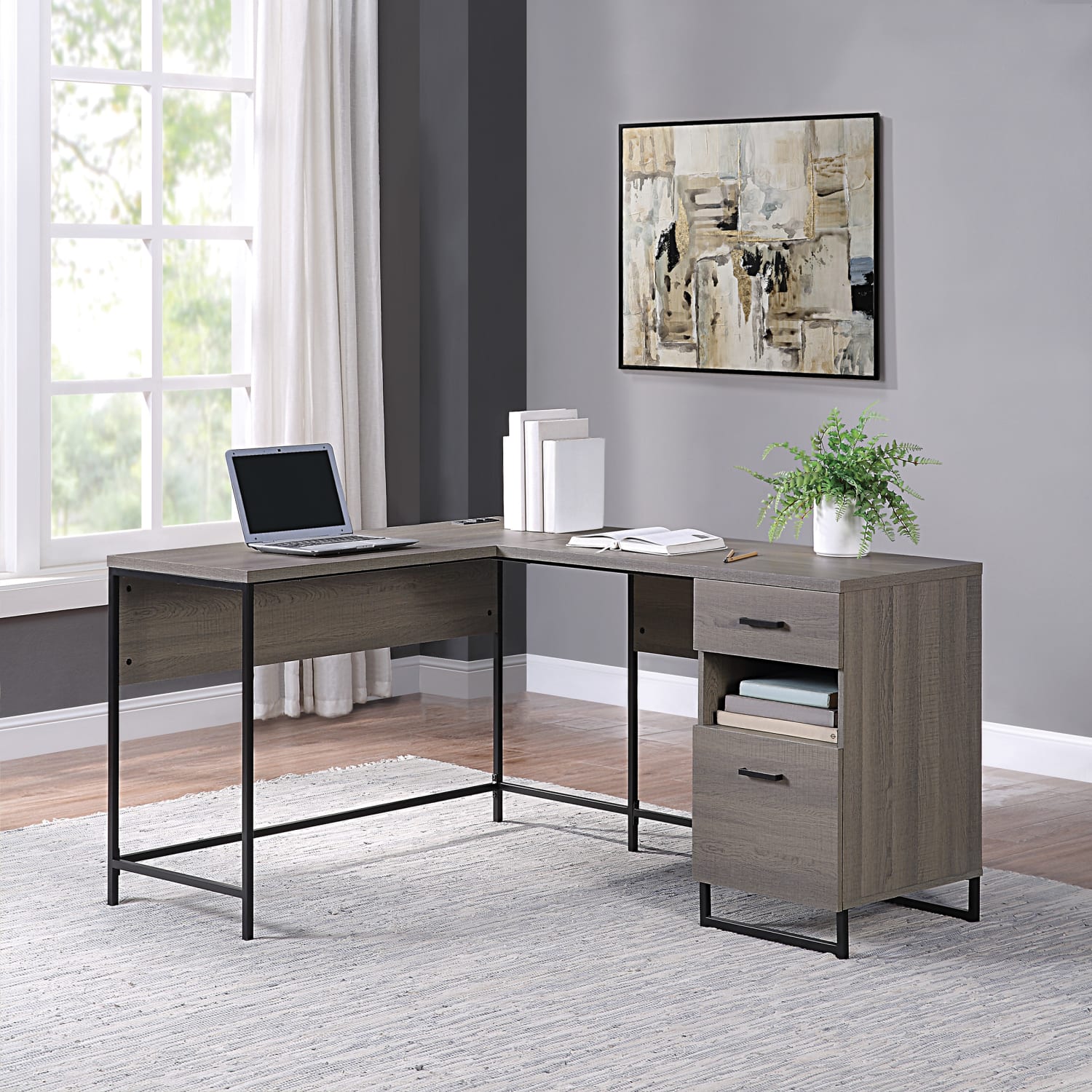 Office Star Hagney Lane 58inW L-Shaped Computer Desk With Power And Storage, Farm Oak - Image 4