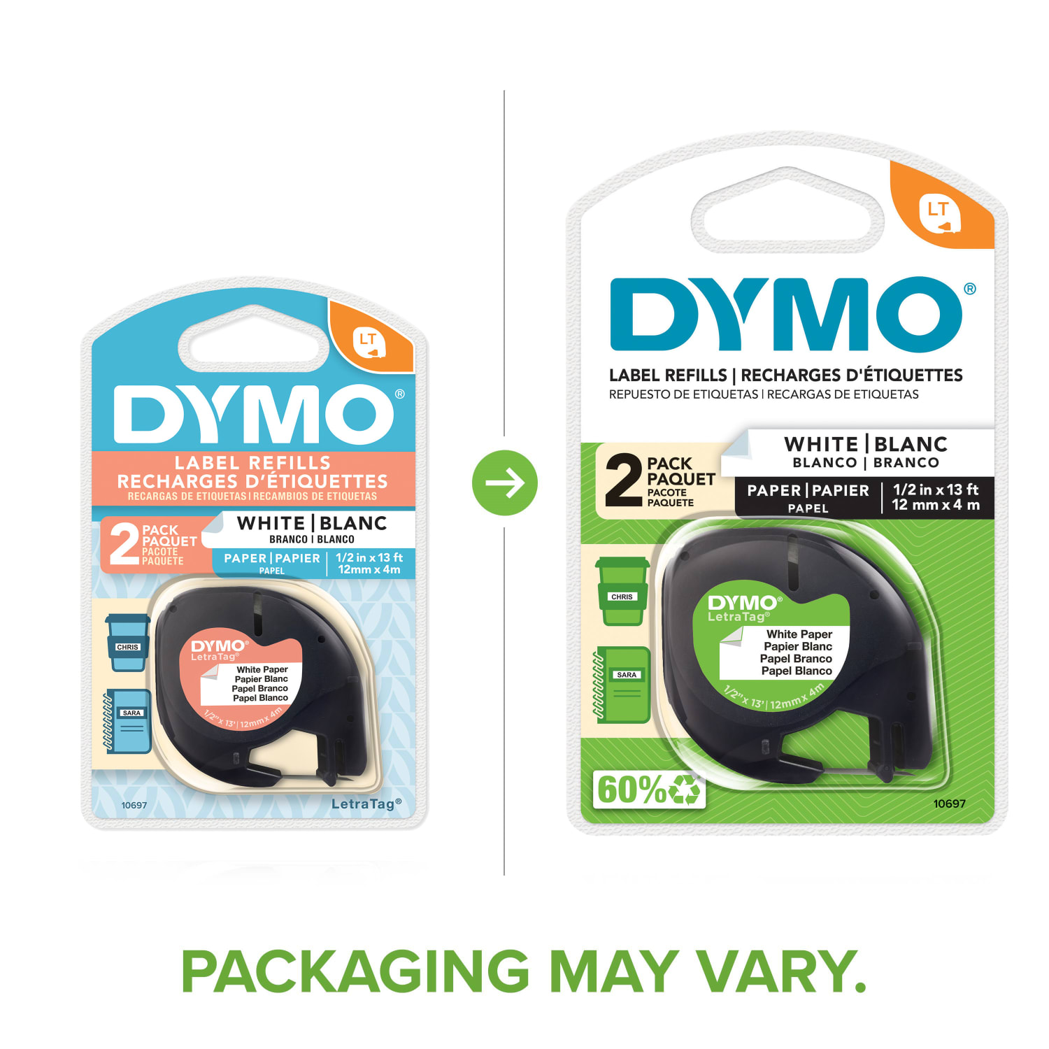 DYMO LT 10697 Black-On-White Tape, 0.5in x 13ft, Pack Of 2 - Image 4