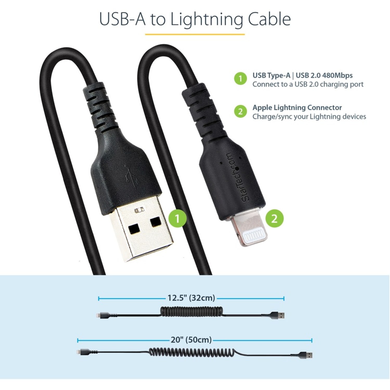 StarTech.com 50cm/20in USB to Lightning Cable, MFi Certified, Coiled iPhone Charger Cable, Black, Durable TPE Jacket Aramid Fiber - RUSB2ALT50CMBC - Image 4