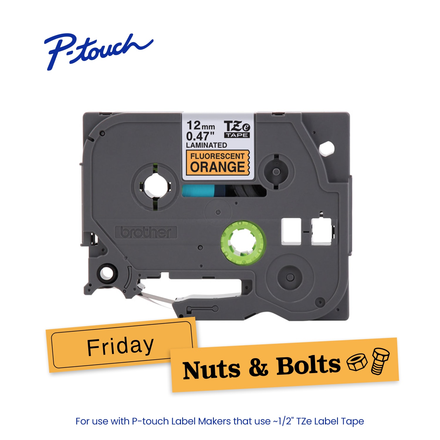 Brother P-touch TZeB31, Laminated, 1/2in x 16.4 ft (12mm x 5m), Black on Fluorescent Orange Label Tape - Image 4