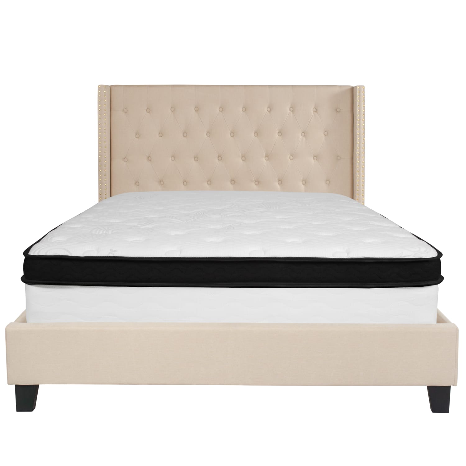 Flash Furniture Riverdale Tufted Upholstered Platform Bed With Accent Nail Trimmed Extended Sides And Memory Foam Pocket Spring Mattress, Queen, Beige - Image 6