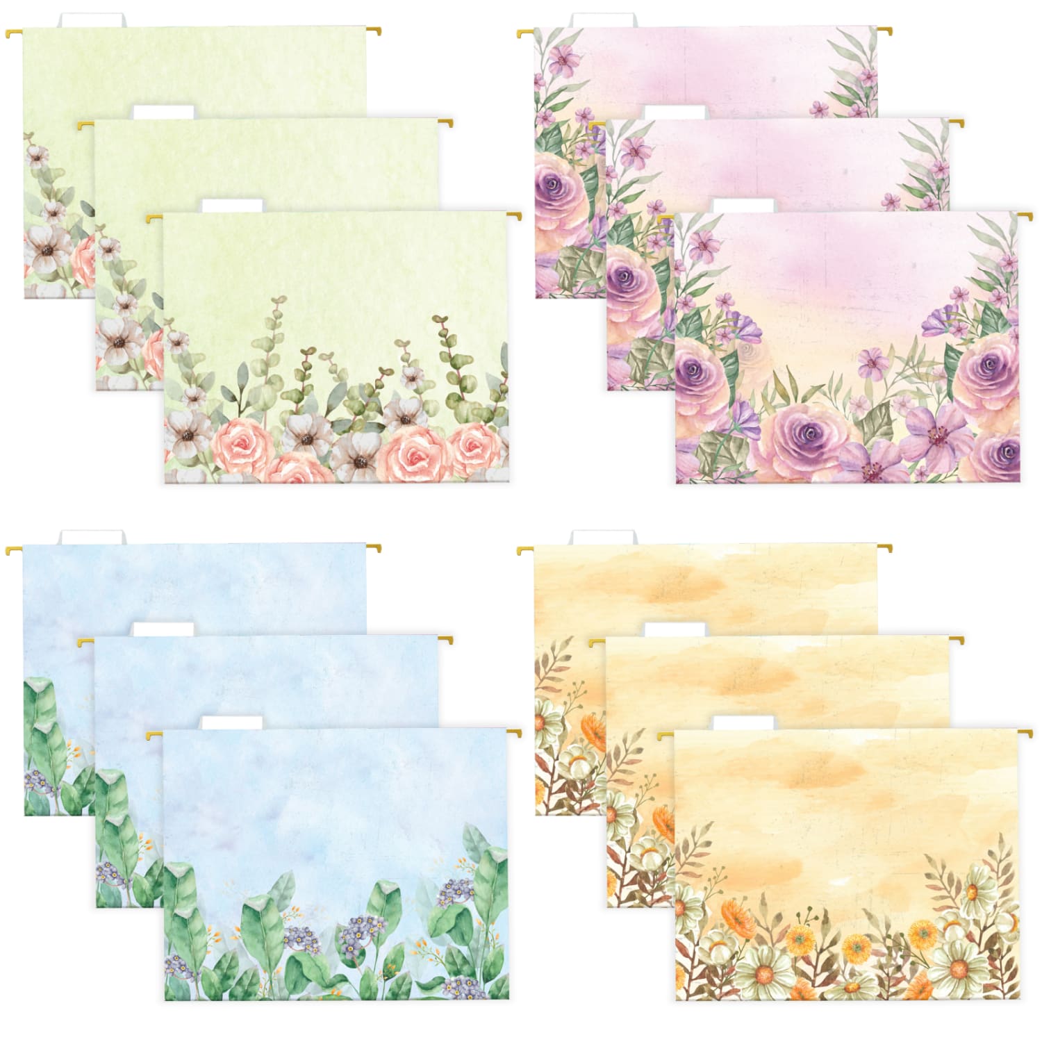 Global Deluxe Designer Printed Hanging File Folders, 1/5 Cut, Letter Size, Assorted Watercolor Floral, Pack Of 12 Folders