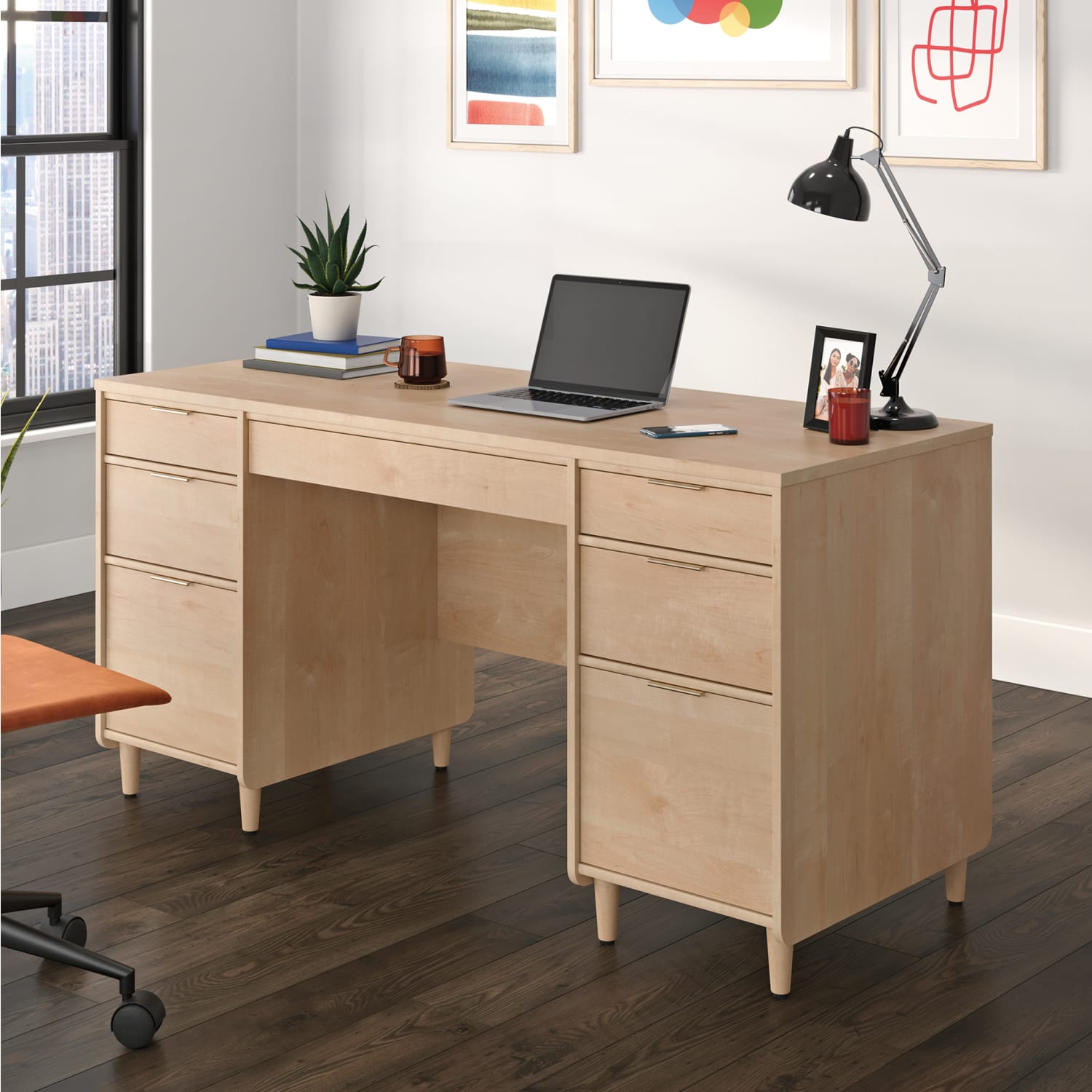 Sauder Clifford Place 59inW Double-Pedestal Executive Computer Desk, Natural Maple - Image 3