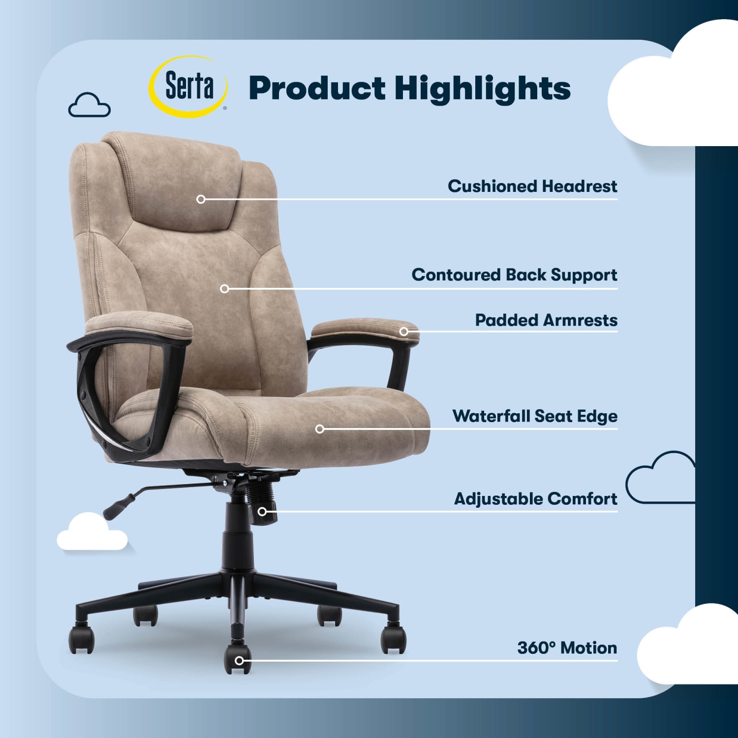 Serta Comfort Eco Ergonomic Velvet Mid-Back Office Chair, Light Brown - Image 5