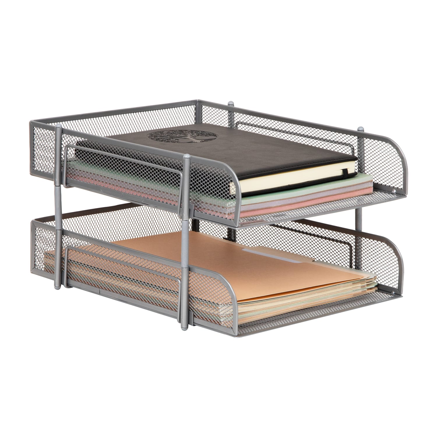 Mind Reader 2-Tier Metal Stackable Paper Tray, 7-1/2inH x 10-1/2inW x 13-1/4inD, Silver