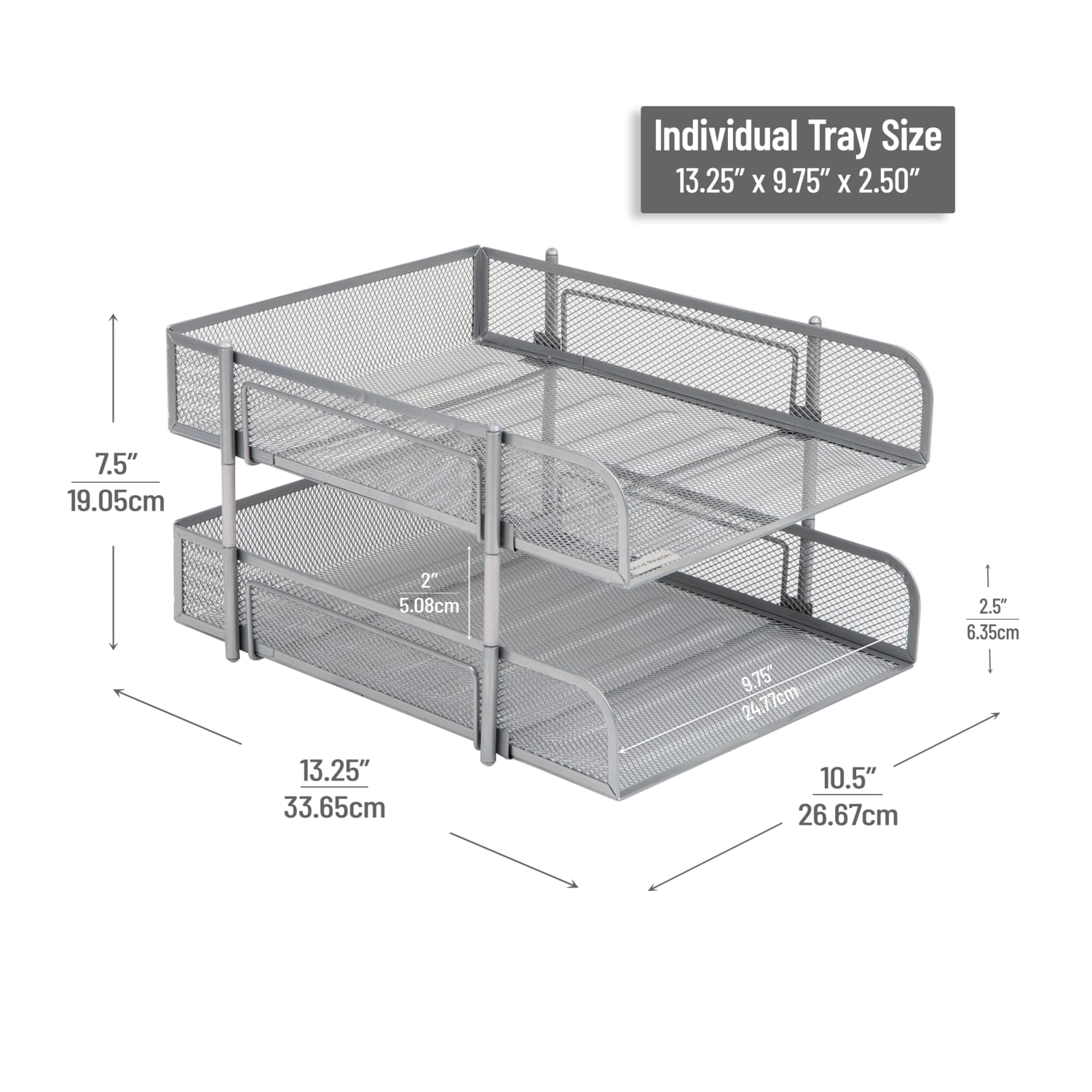 Mind Reader 2-Tier Metal Stackable Paper Tray, 7-1/2inH x 10-1/2inW x 13-1/4inD, Silver - Image 4