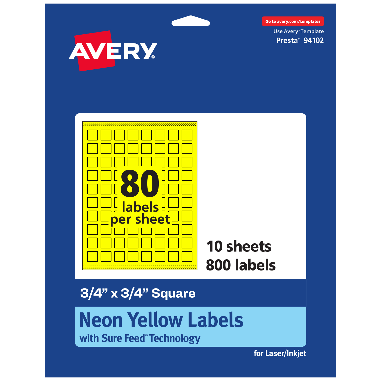 Avery Print-To-The-Edge Labels With Sure Feed Technology And Easy Peel, 94102-NYP10, Square, 3/4in x 3/4in, Matte Neon Yellow, Pack of 800