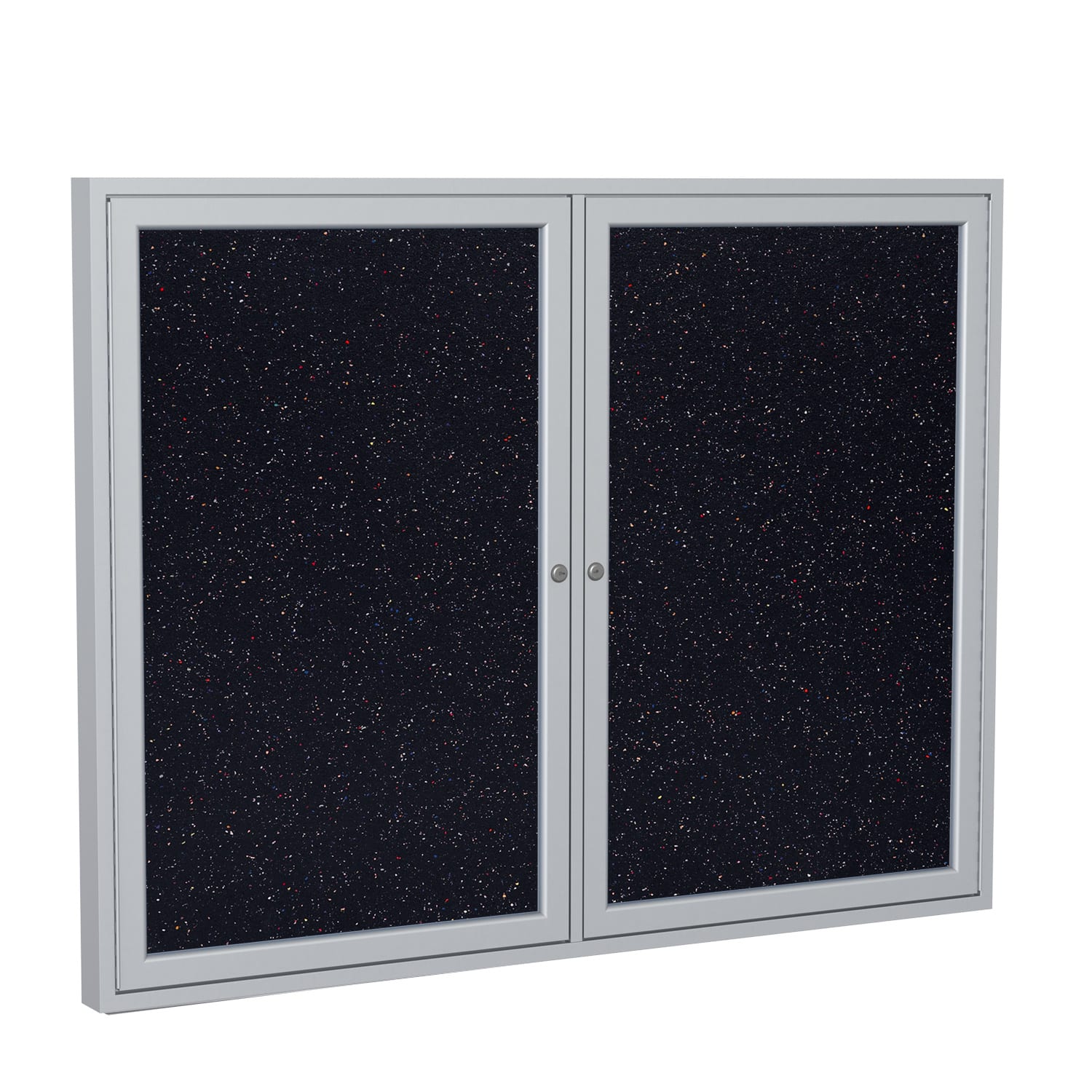 Ghent 2 Door Enclosed Recycled Rubber Bulletin Board, Satin Aluminum Frame, 48inH x 60inW, Confetti