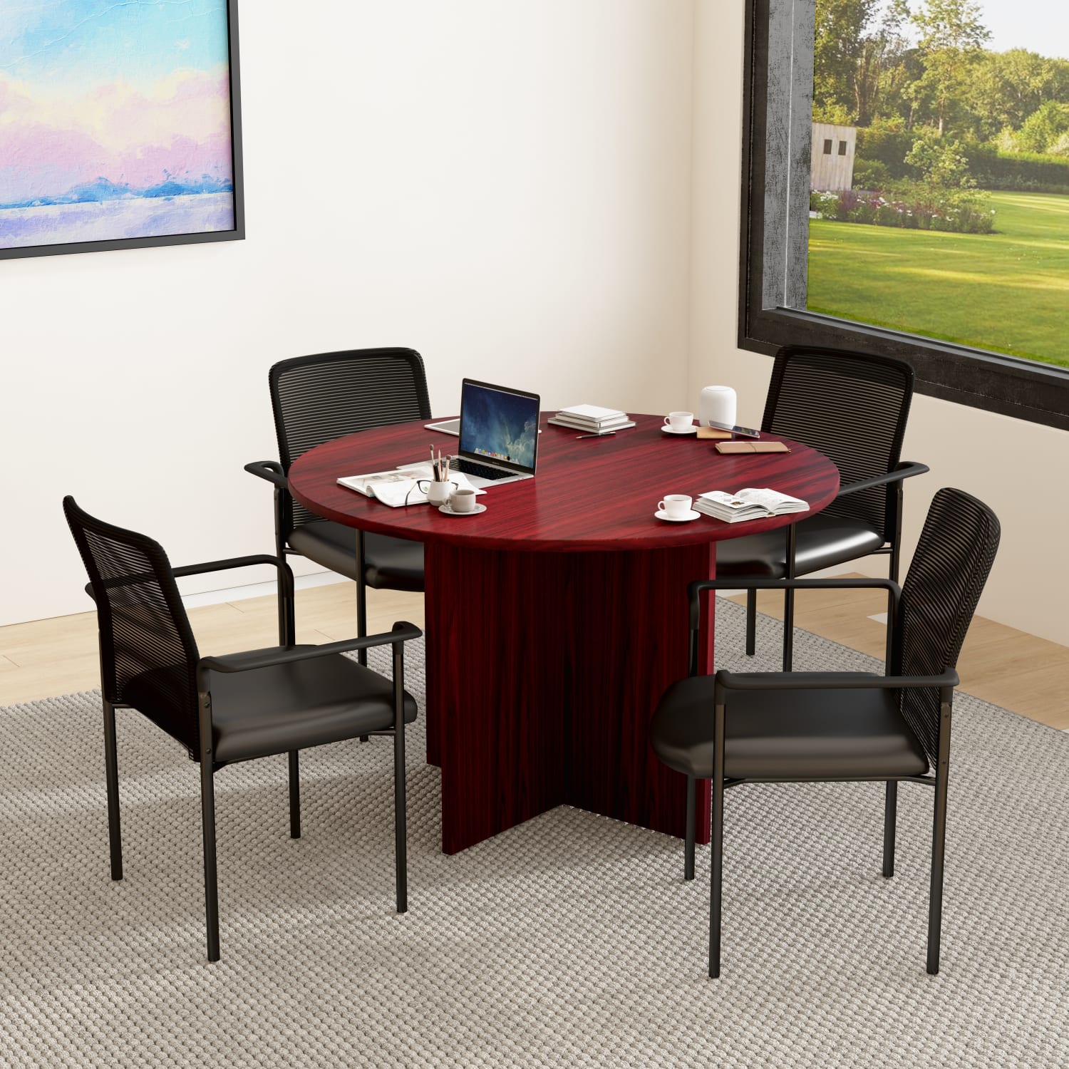 Boss Office Products 47in Round Table And Stackable Mesh Chairs Set, Mahogany/Black - Image 3
