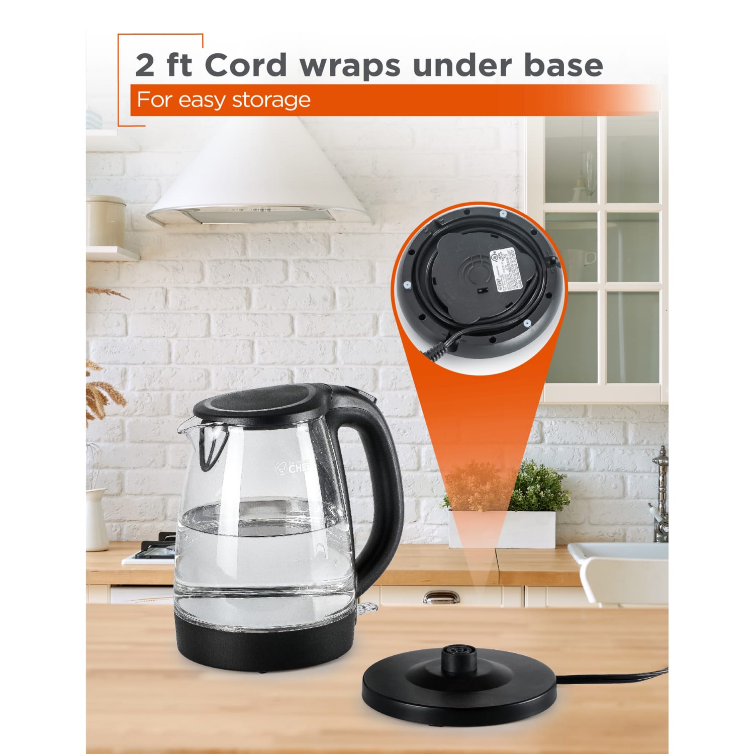 Commercial Chef 1.7L Cordless Glass Kettle, Black - Image 6