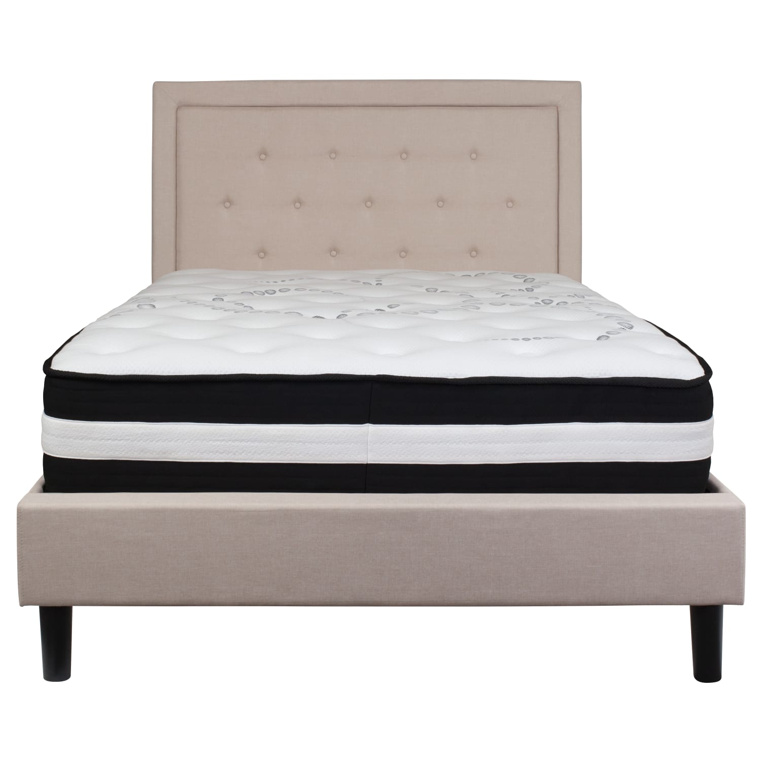 Flash Furniture Roxbury Panel Tufted Upholstered Platform Bed and Pocket Spring Mattress, Full, 50-3/4inH x 59inW x 81inL, Beige - Image 6