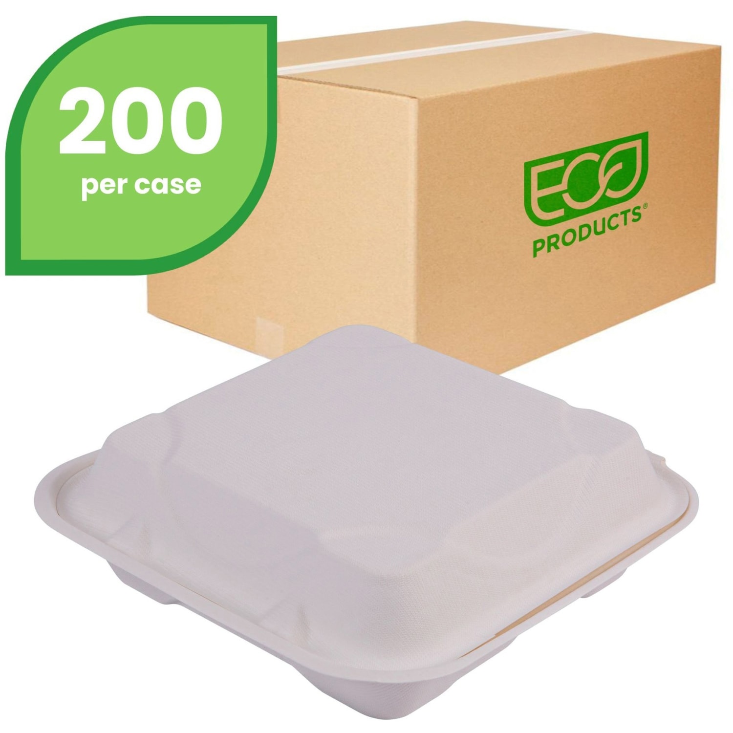 Eco-Products Vanguard Renewable & Compostable Sugarcane Clamshells, 3-Compartment, 9in x 9in x 3in, White, Case Of 200 Clamshells - Image 3