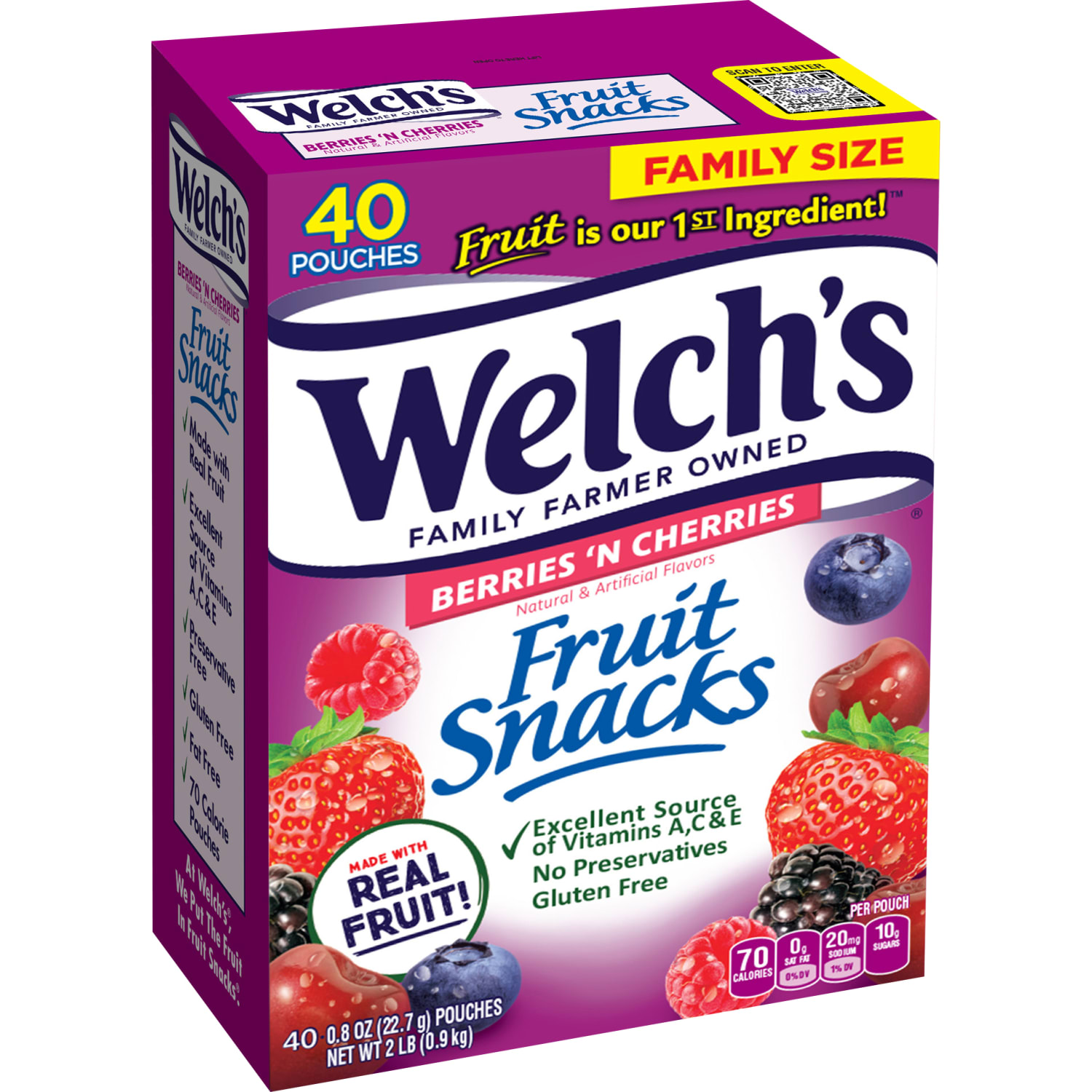 Welchs Fruit Snacks, Berries N Cherries, 0.8 Oz, Box Of 40 Packages