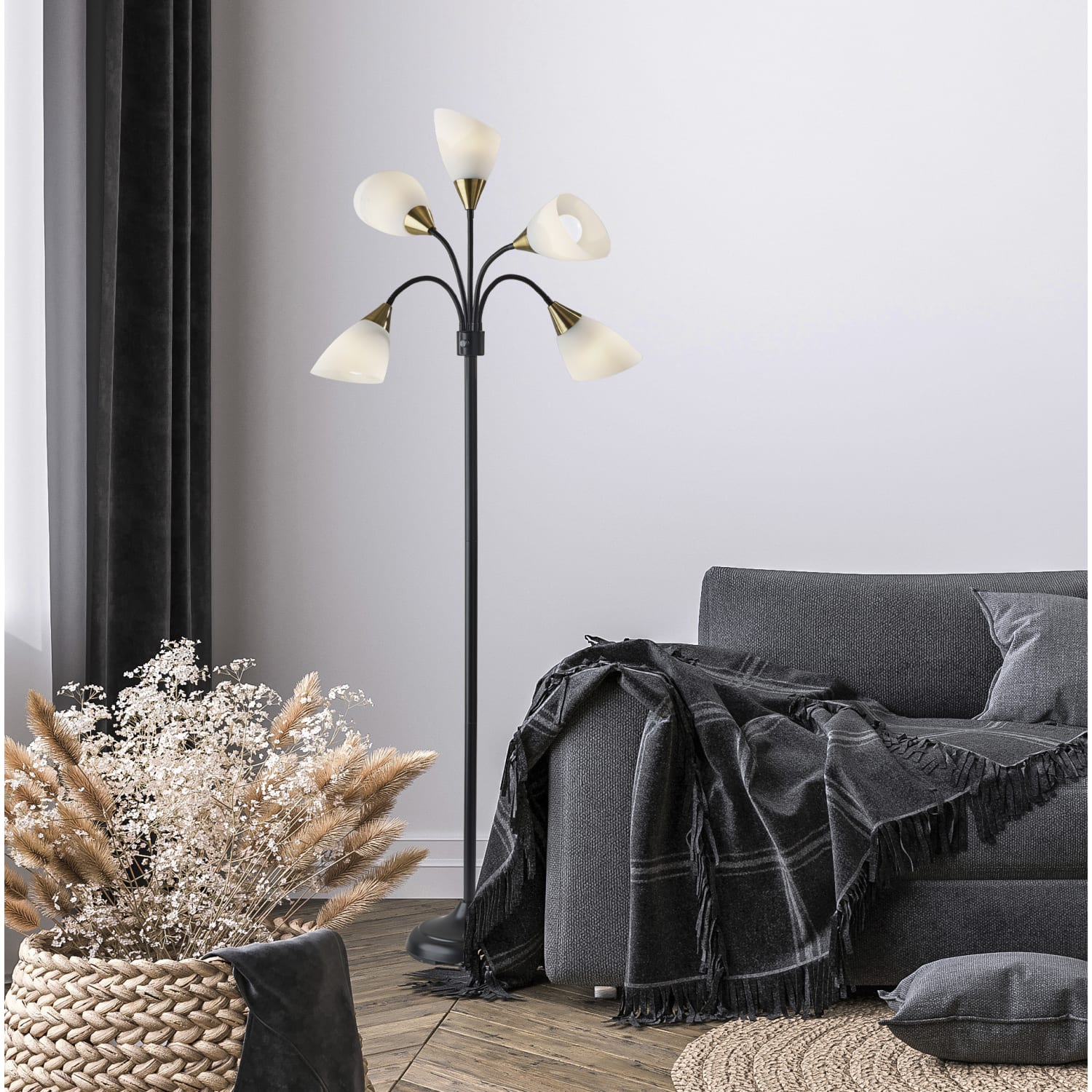Adesso Simplee 5-Light Floor Lamp, 67inH, White/Black - Image 3